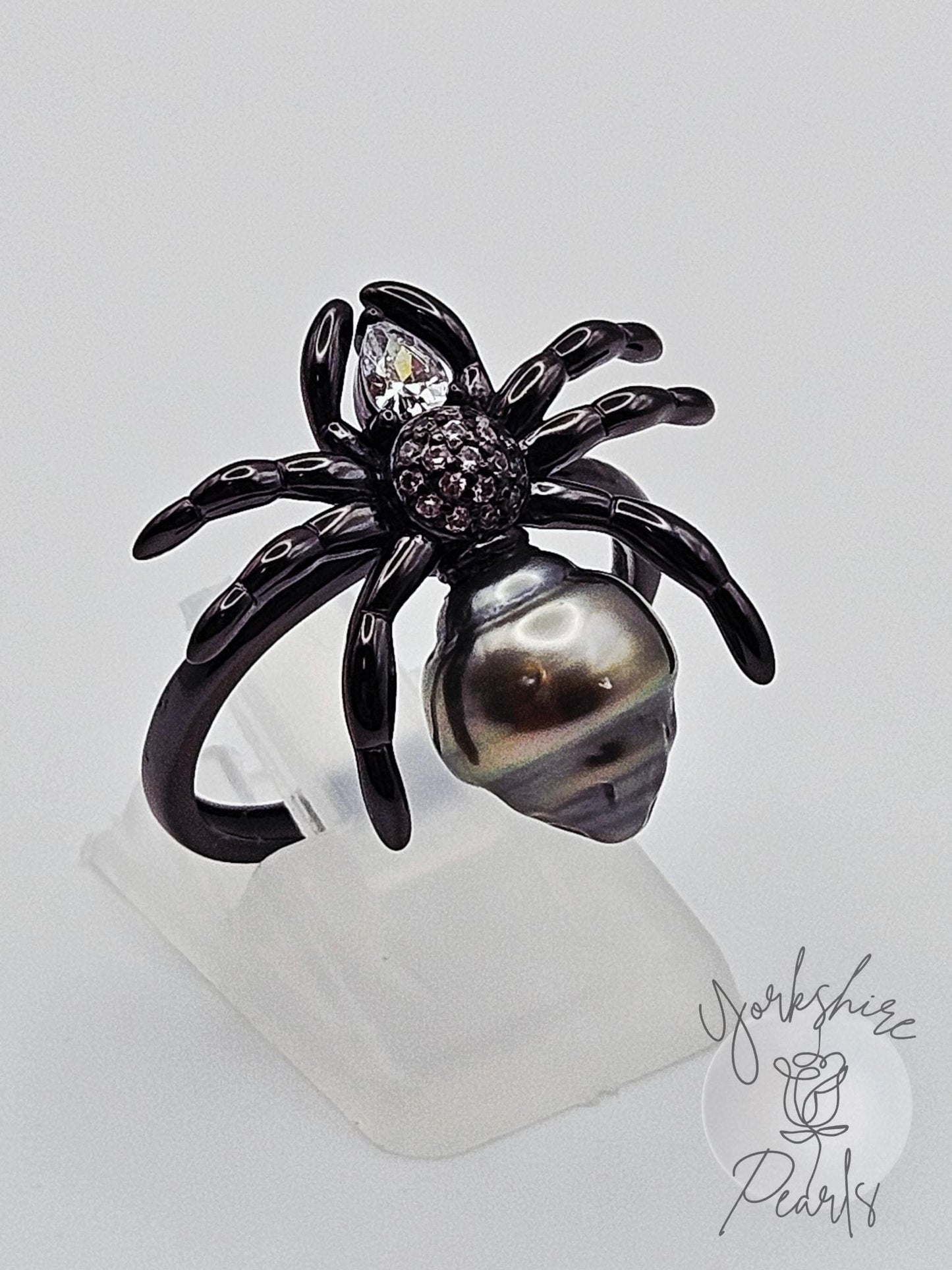 Black Tahitian Gothic Spider Pearl Ring - Sterling Silver