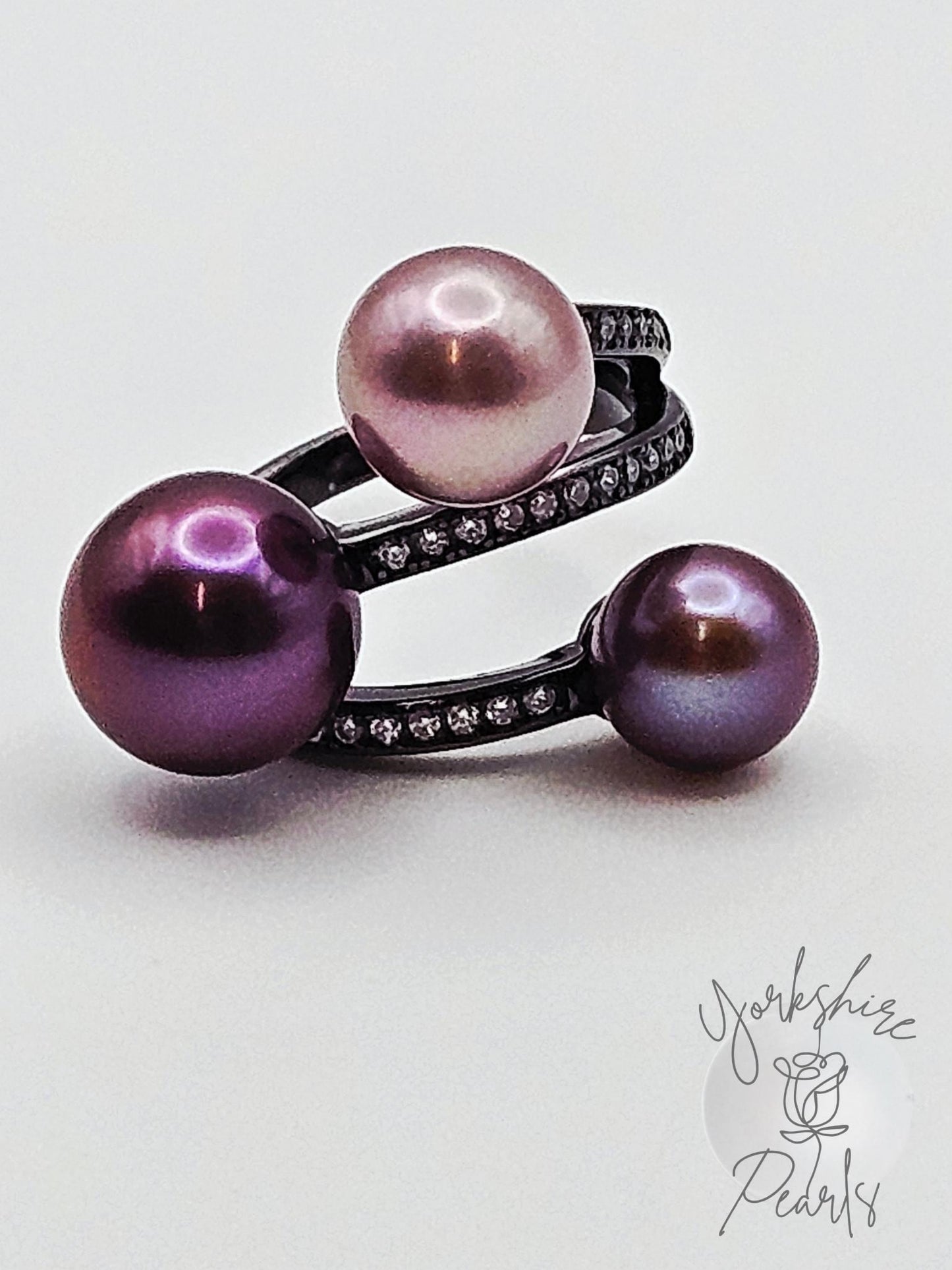 Triple Pearl Black Band Sparkle Ring - Sterling Silver