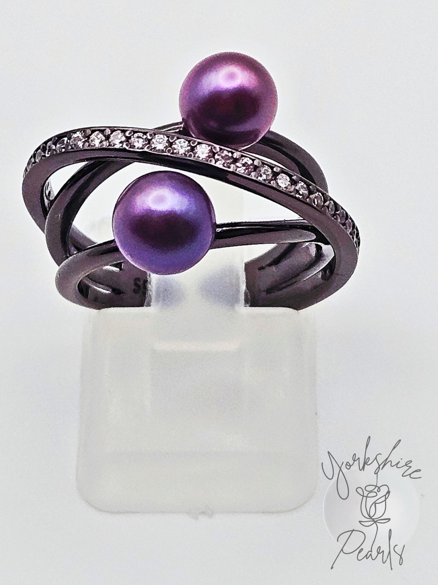 Double Pearl Cross Band Adjustable Ring - Sterling Silver