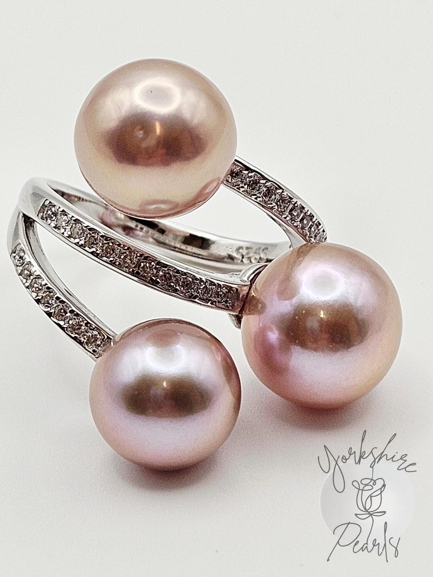 Triple Edison Pearl Sparkle Adjustable Ring - Sterling Silver