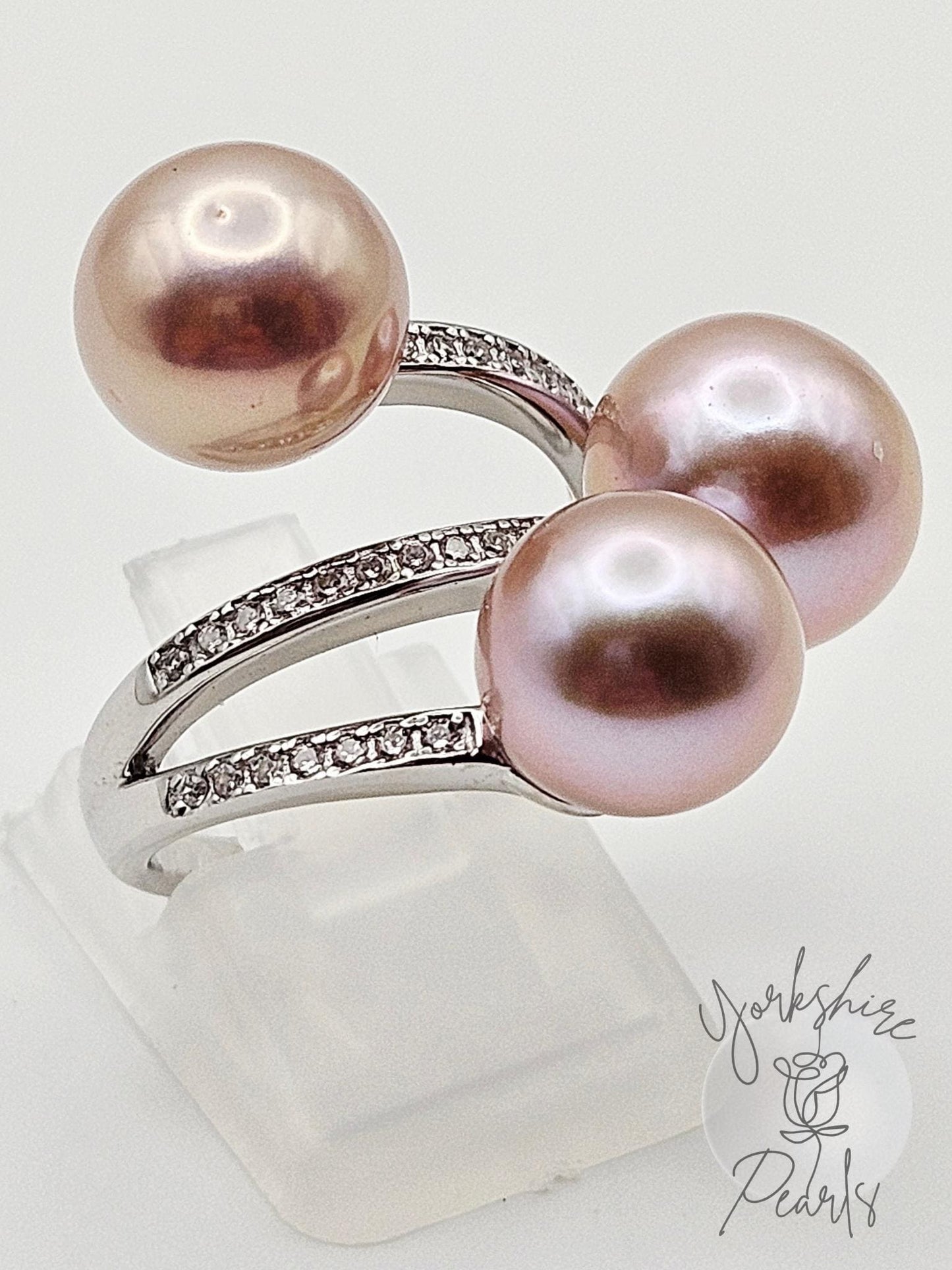Triple Edison Pearl Sparkle Adjustable Ring - Sterling Silver
