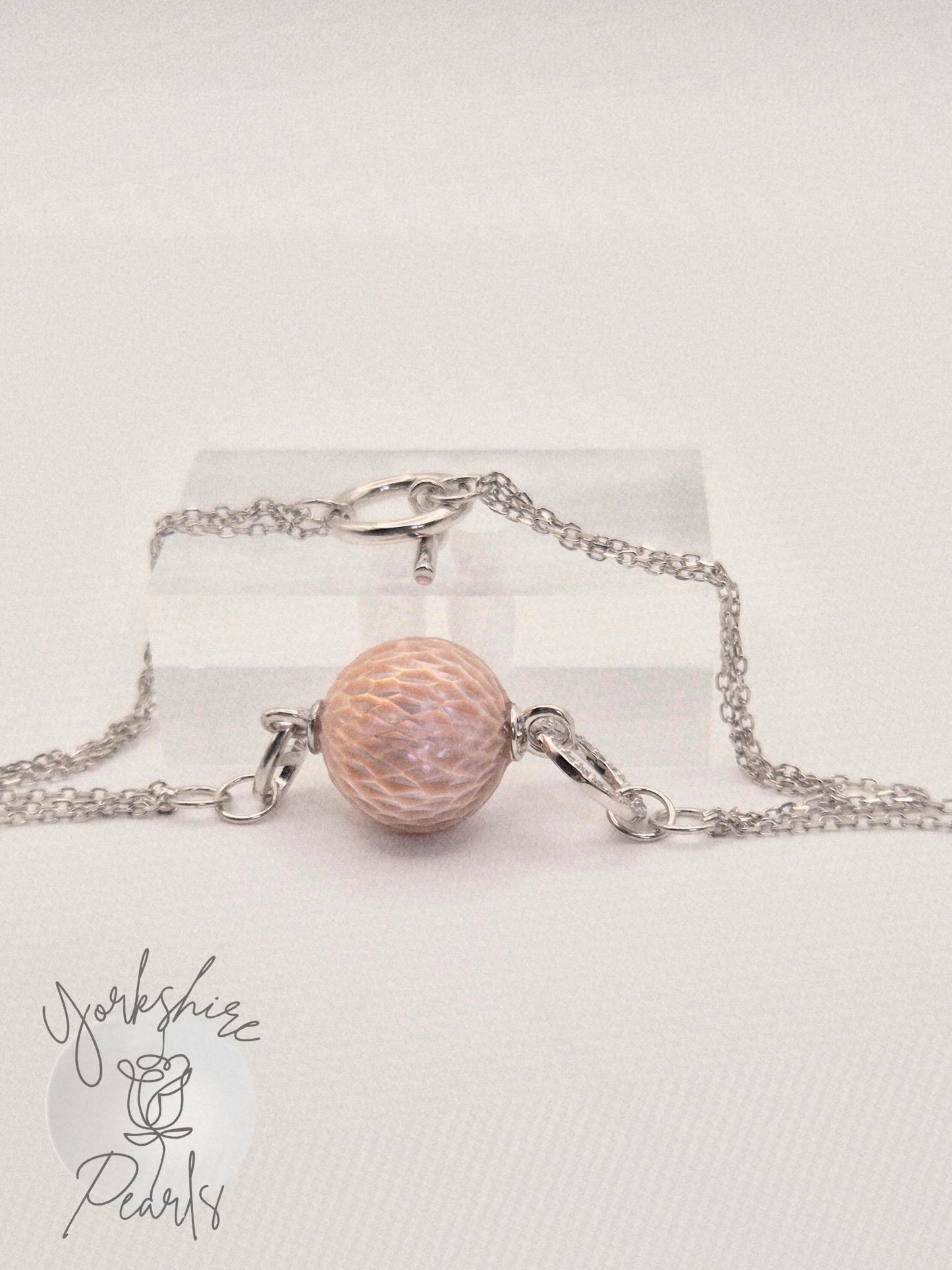 Carved Edison Pearl Multi Strand Sterling Silver Bracelet