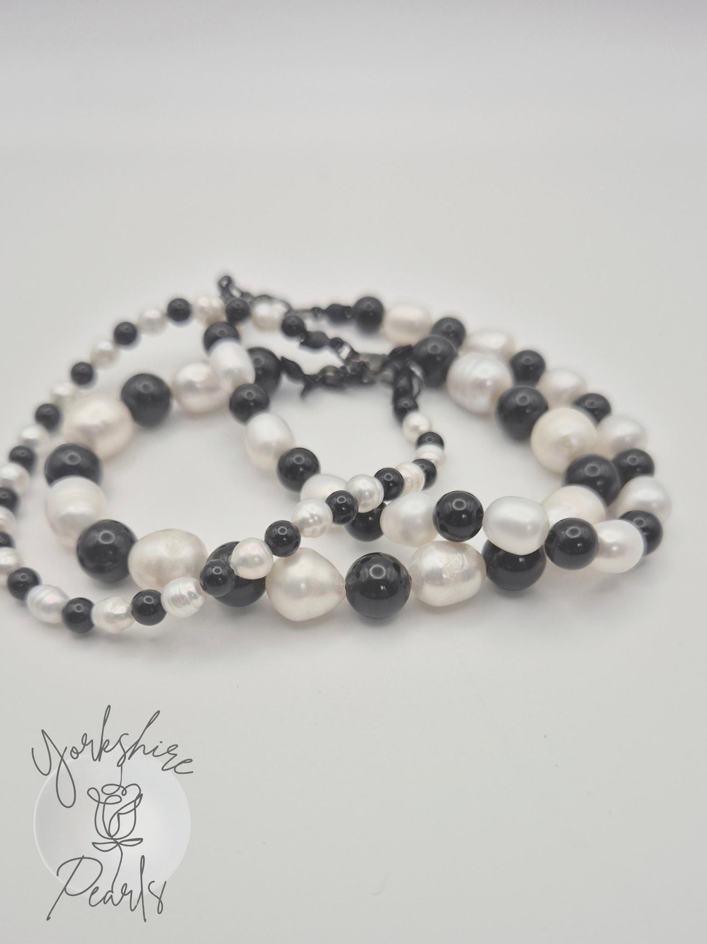 Pearl & Natural Black Onyx Triple Bracelet Set