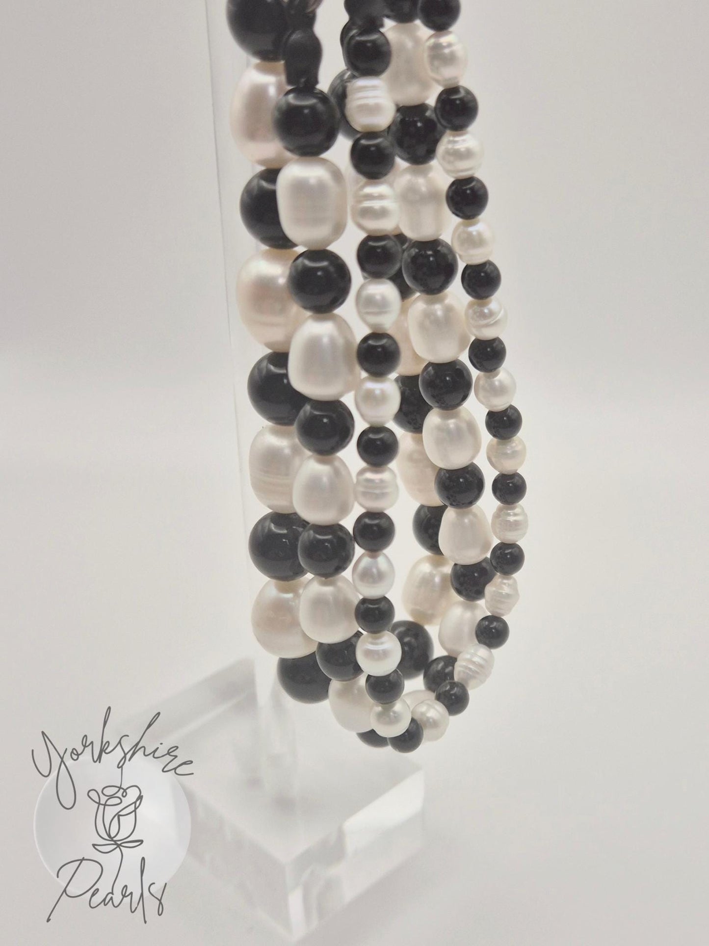 Pearl & Natural Black Onyx Triple Bracelet Set