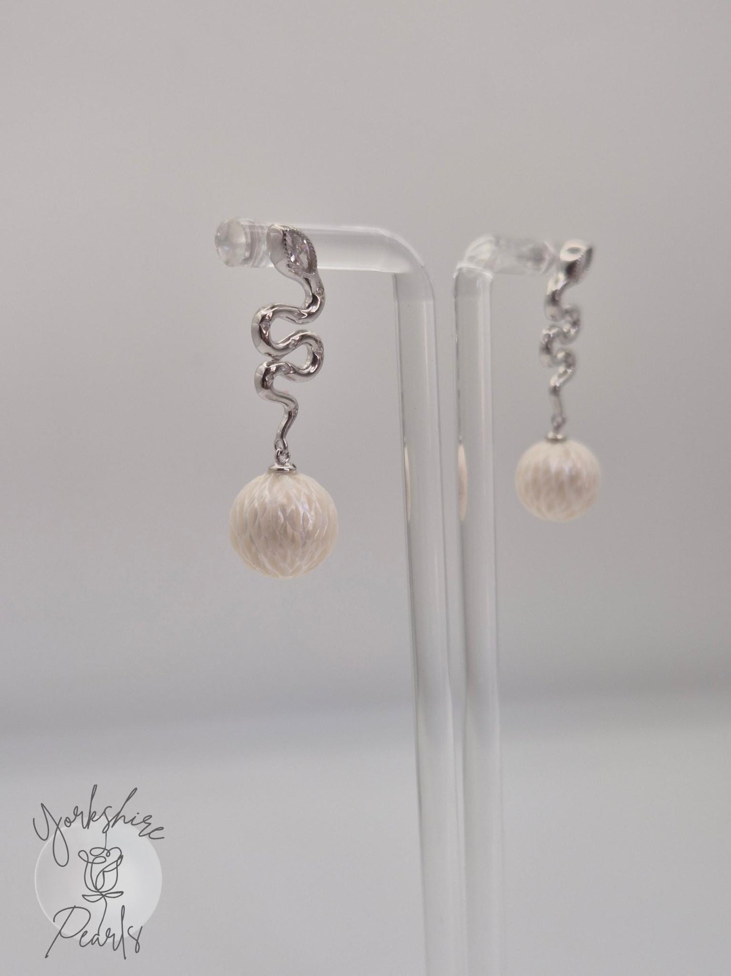 Large Pearl Snake Drop Earrings - Sterling Silver