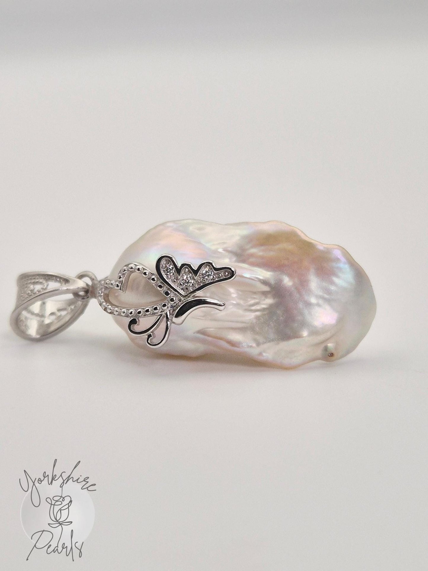 Large Pearl Butterfly & Heart Pendant - Sterling Silver