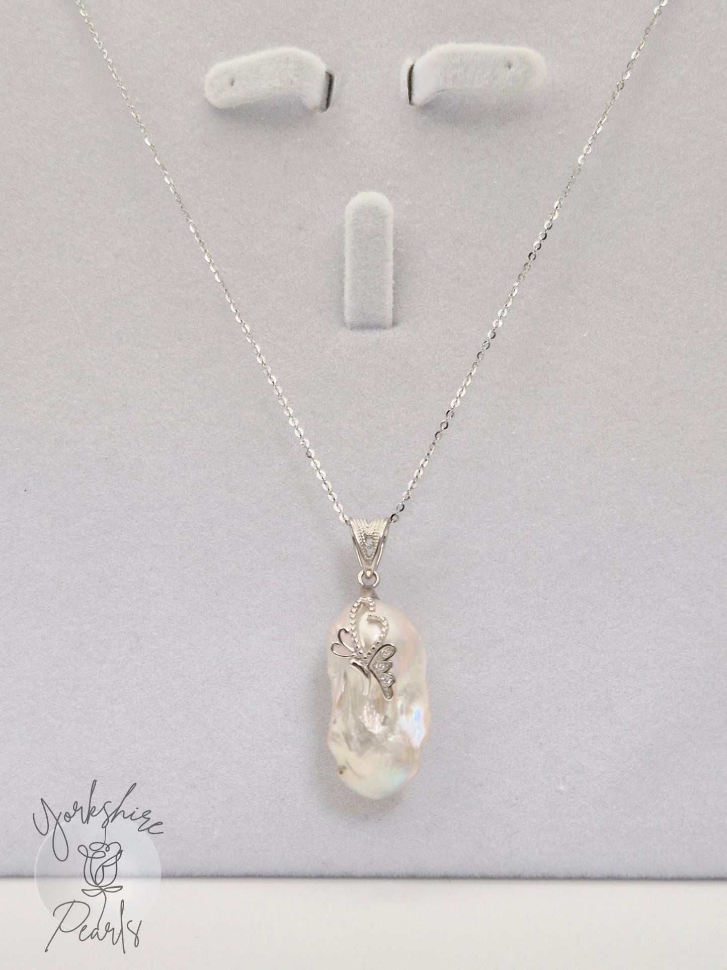 Large Pearl Butterfly & Heart Pendant - Sterling Silver