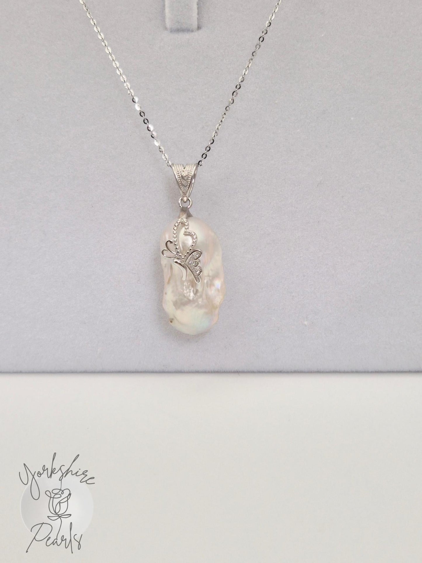 Large Pearl Butterfly & Heart Pendant - Sterling Silver