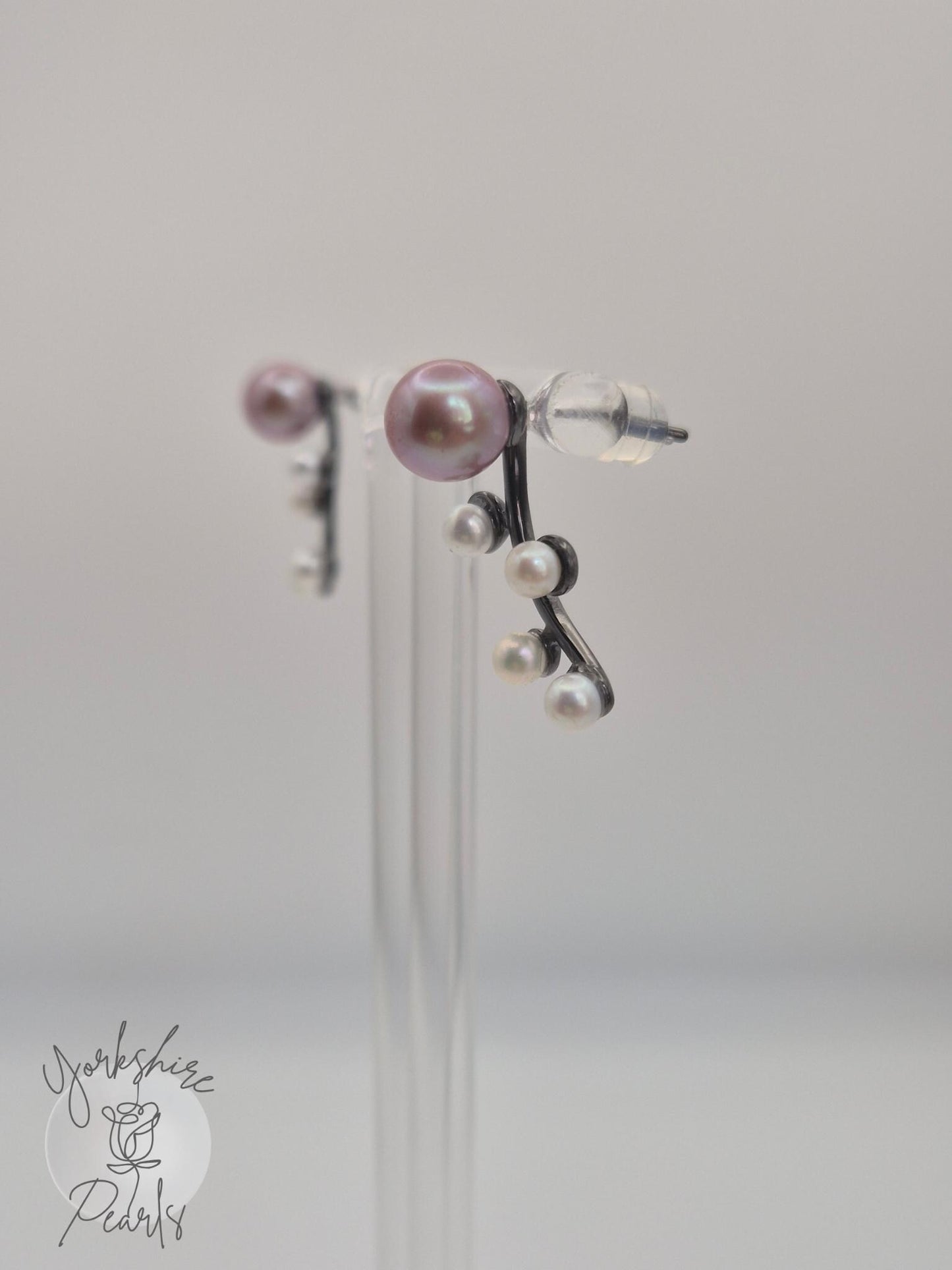 Multi Pearl Black Curved Stud Earrings - Sterling Silver