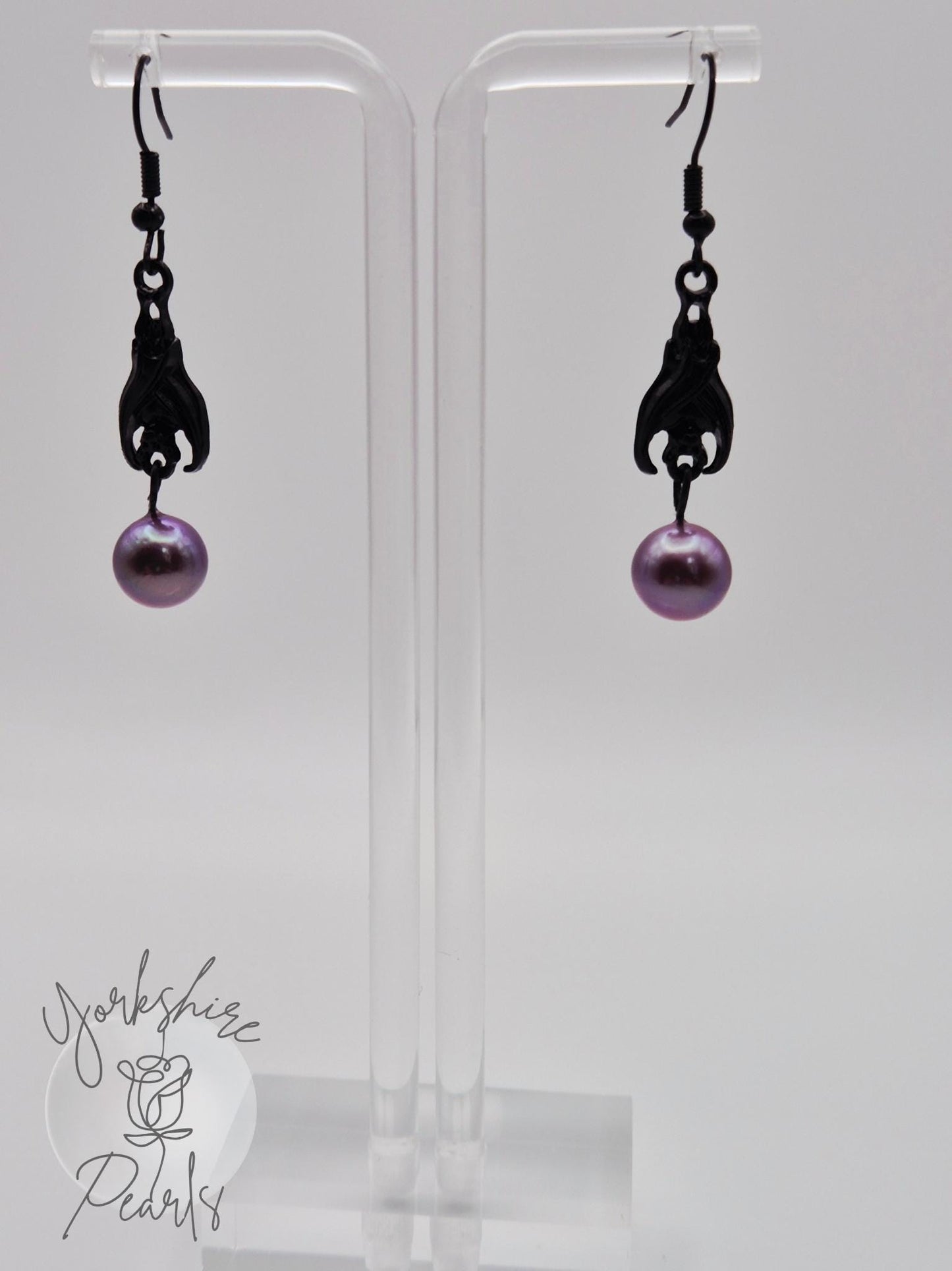 Edison Pearl Hanging Black Bat Earrings