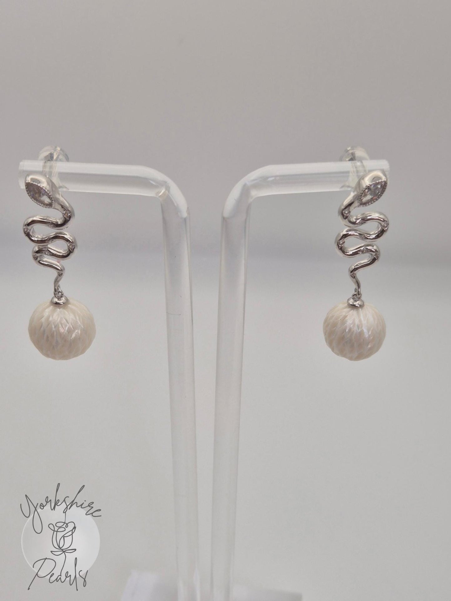 Large Pearl Snake Drop Earrings - Sterling Silver