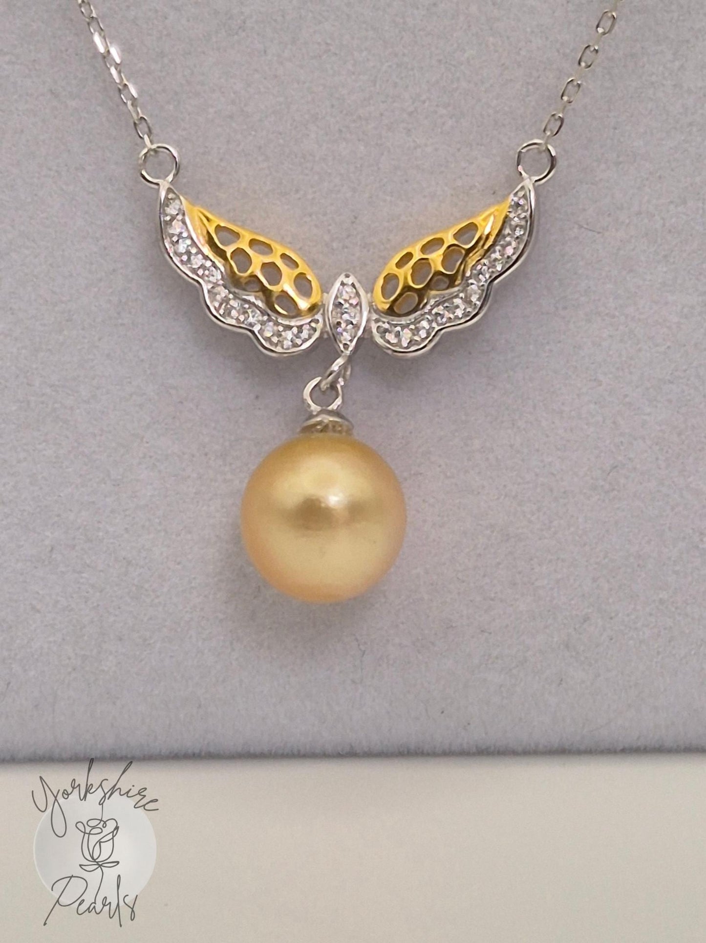 South Sea Golden Celestial Wing Pearl Necklace in Sterling Silver
