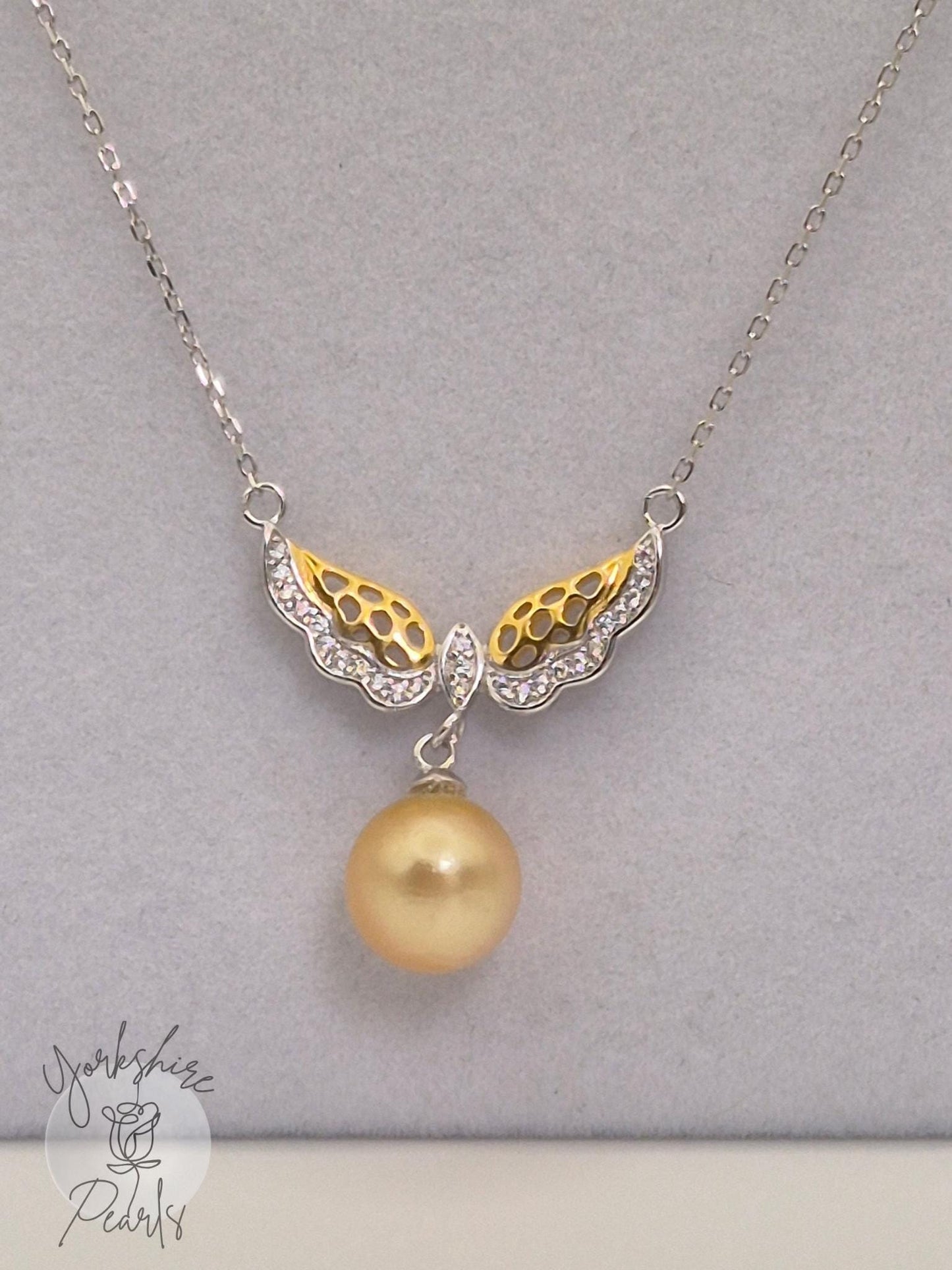 South Sea Golden Celestial Wing Pearl Necklace in Sterling Silver