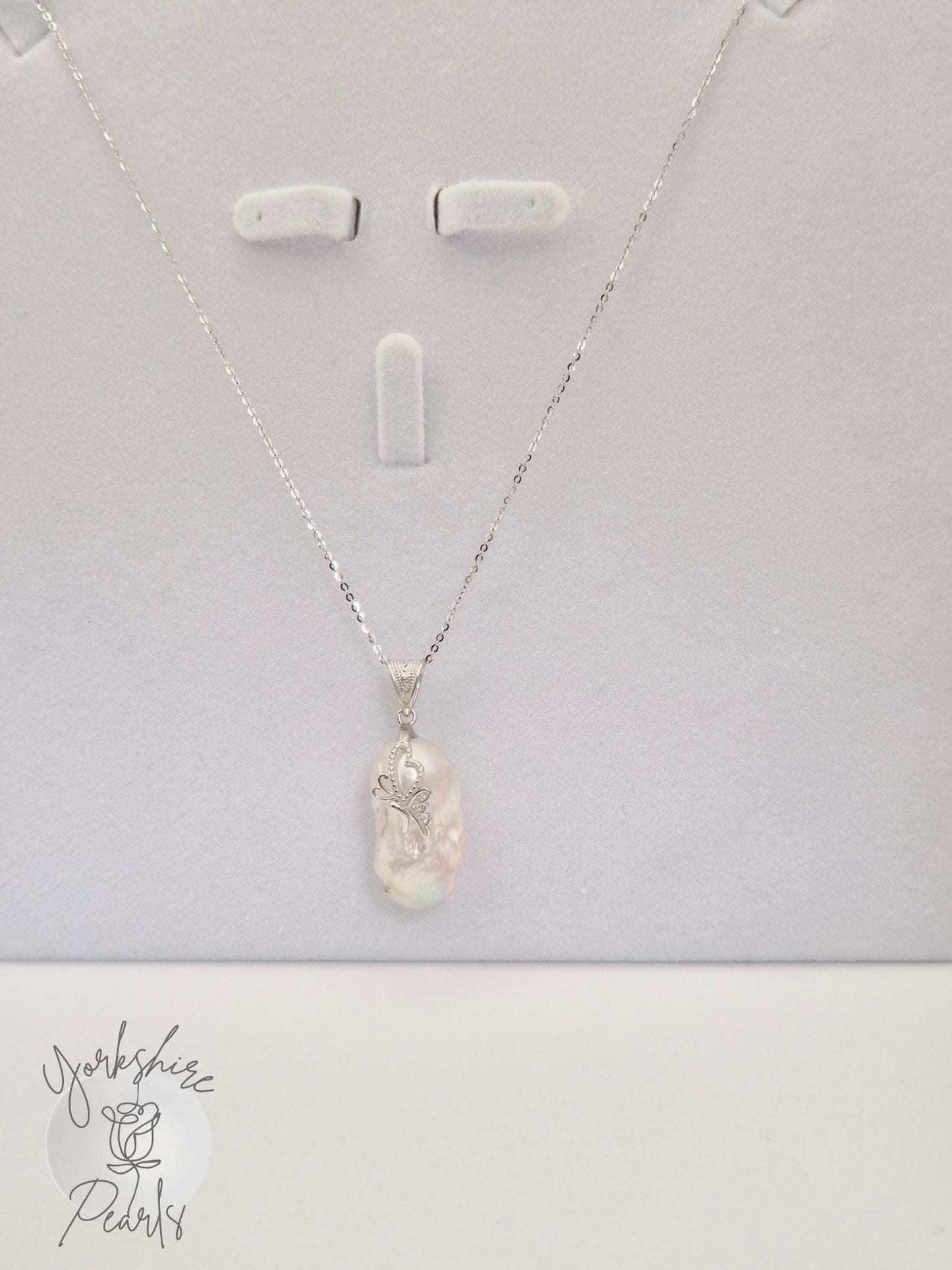 Large Pearl Butterfly & Heart Pendant - Sterling Silver