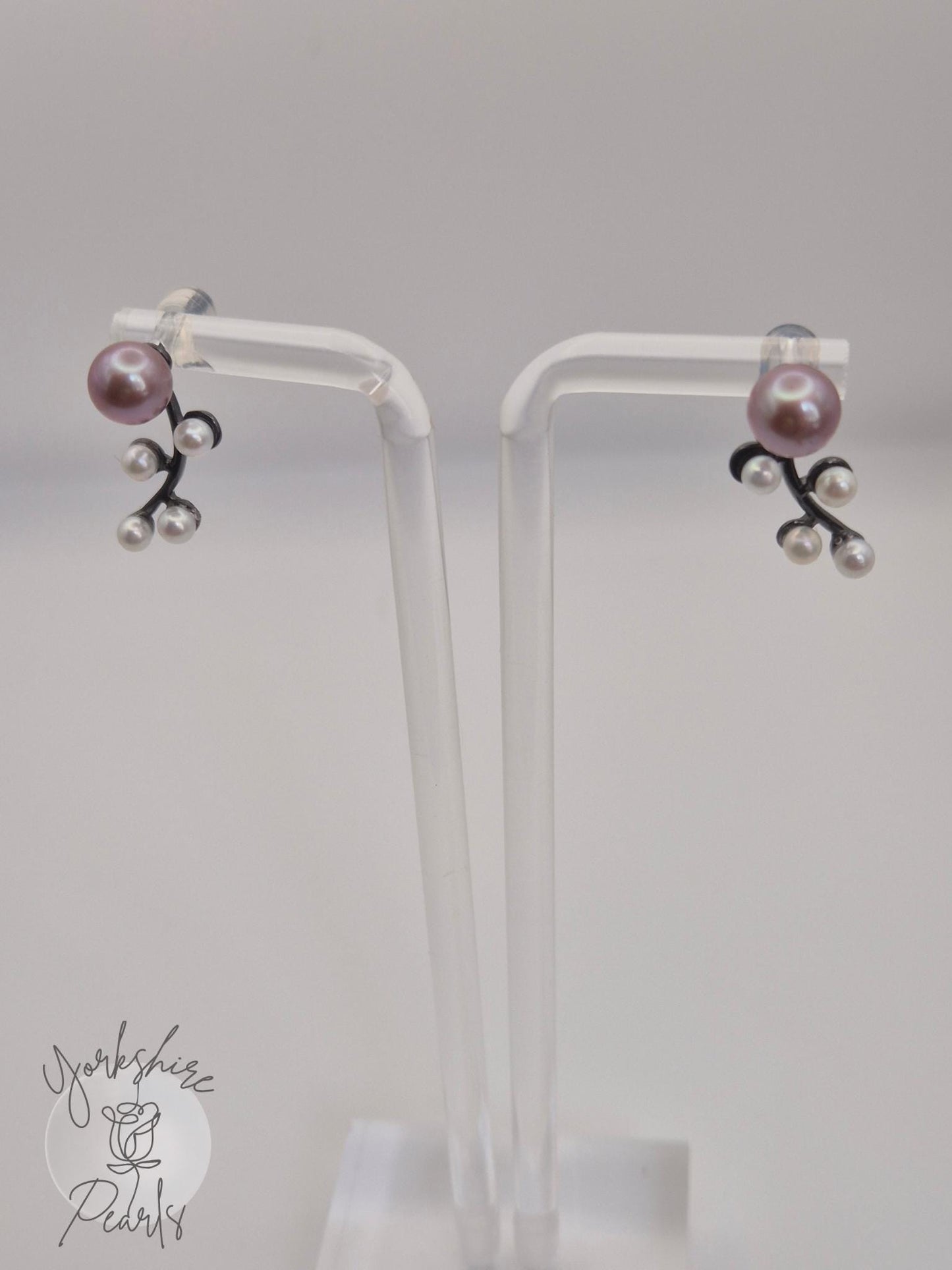 Multi Pearl Black Curved Stud Earrings - Sterling Silver