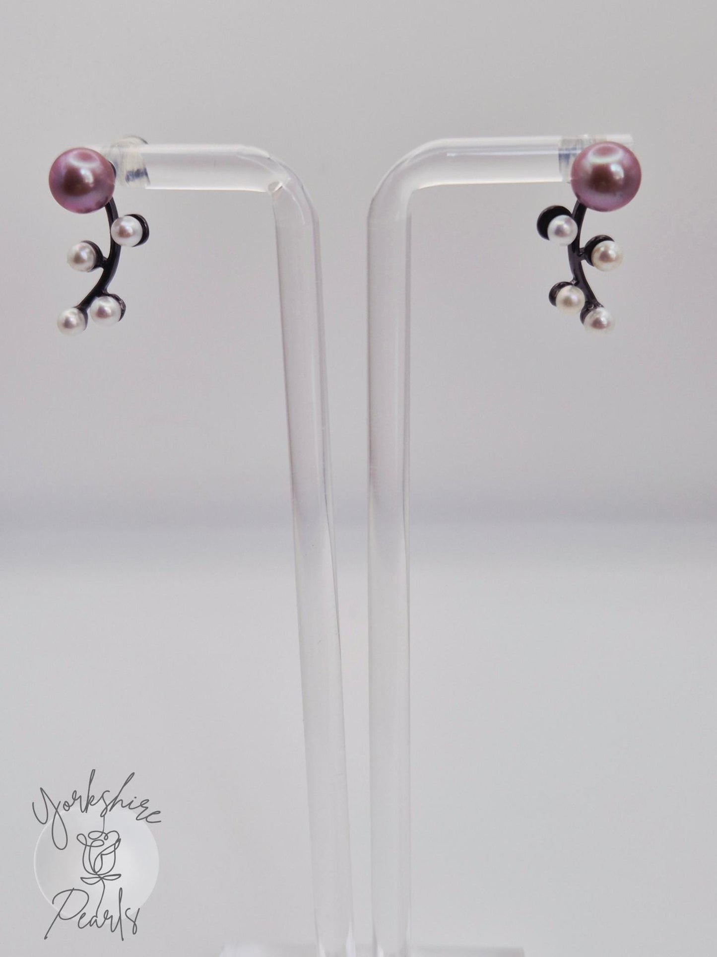 Multi Pearl Black Curved Stud Earrings - Sterling Silver