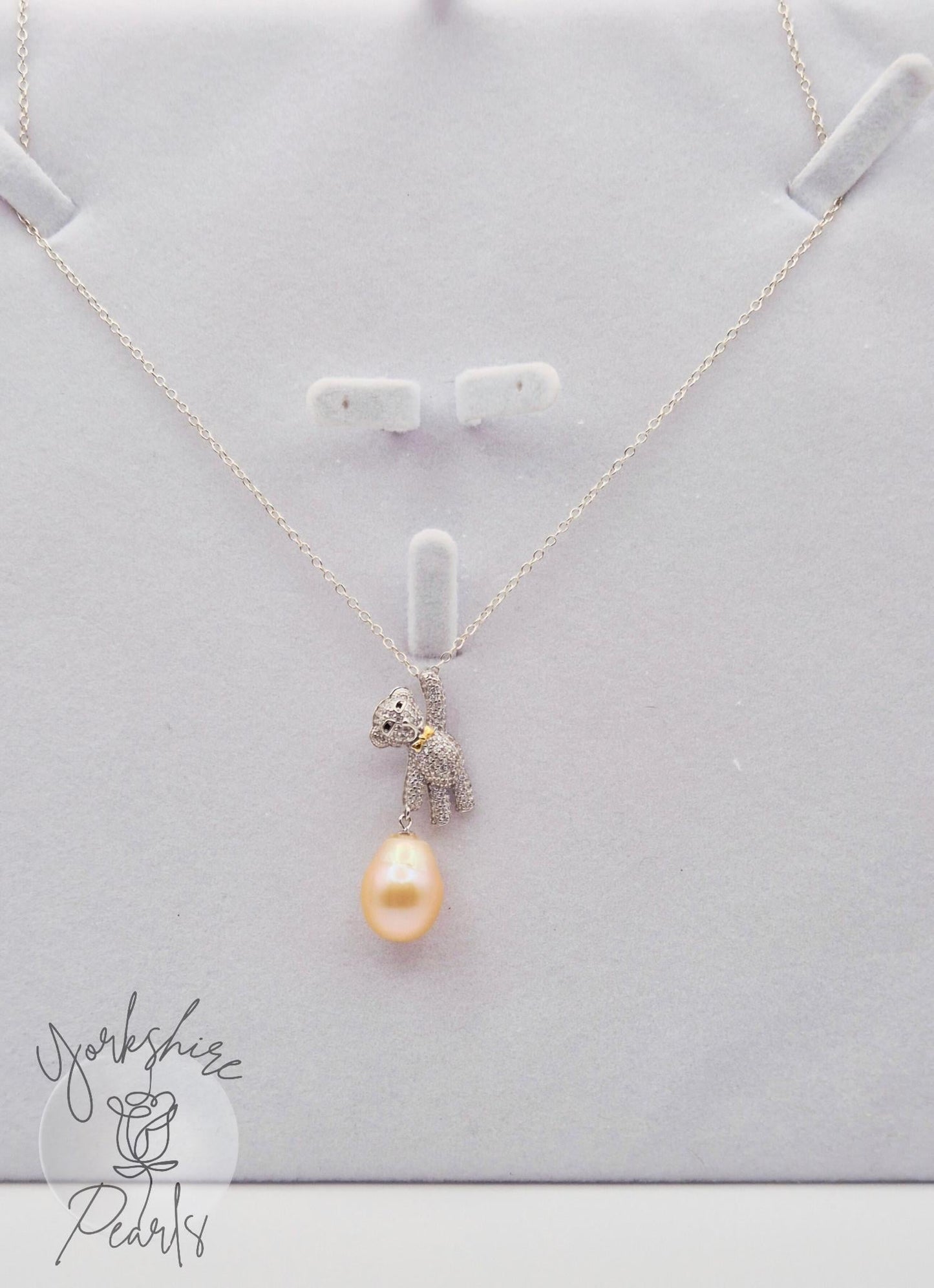 Whimsical Teddy Bear Pearl Pendant - Sterling Silver