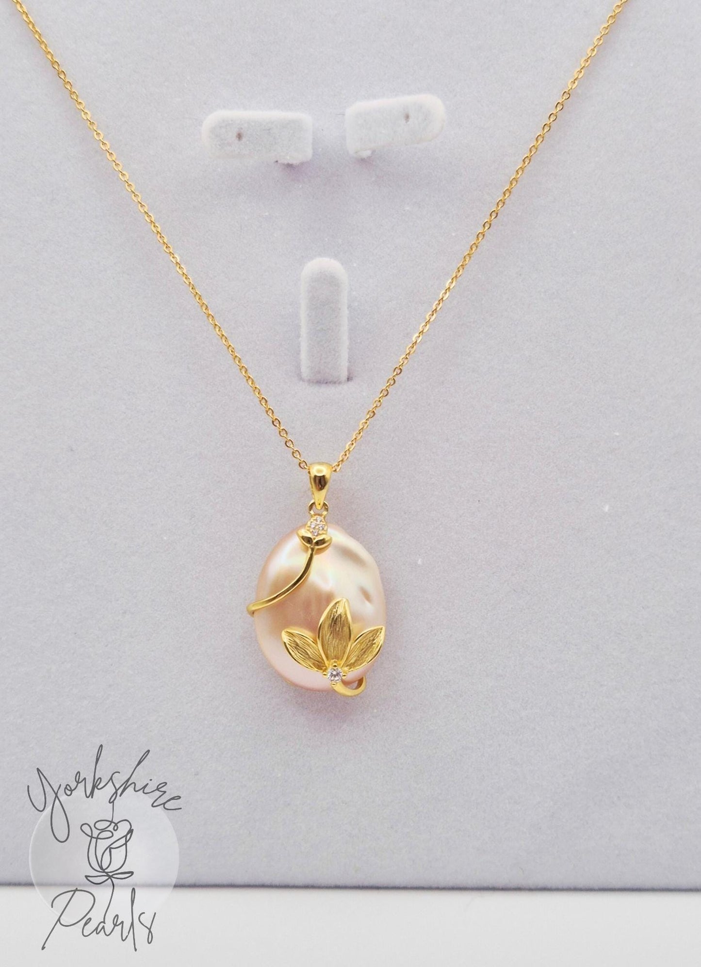 Large UFO Pearl Golden Flower Wrapped Pendant - Sterling Silver