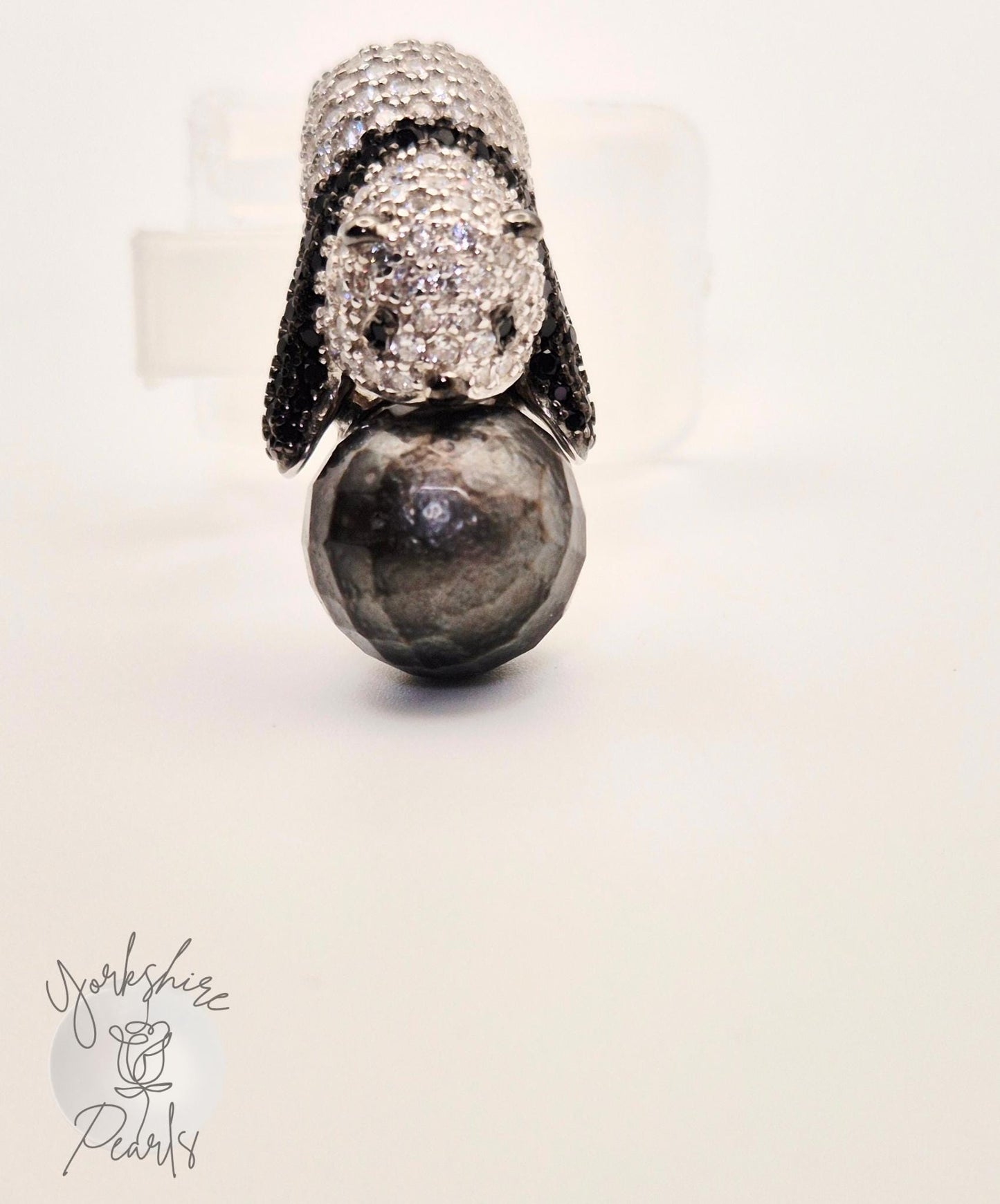 Hugging Panda Black Tahitian Ring - Sterling Silver