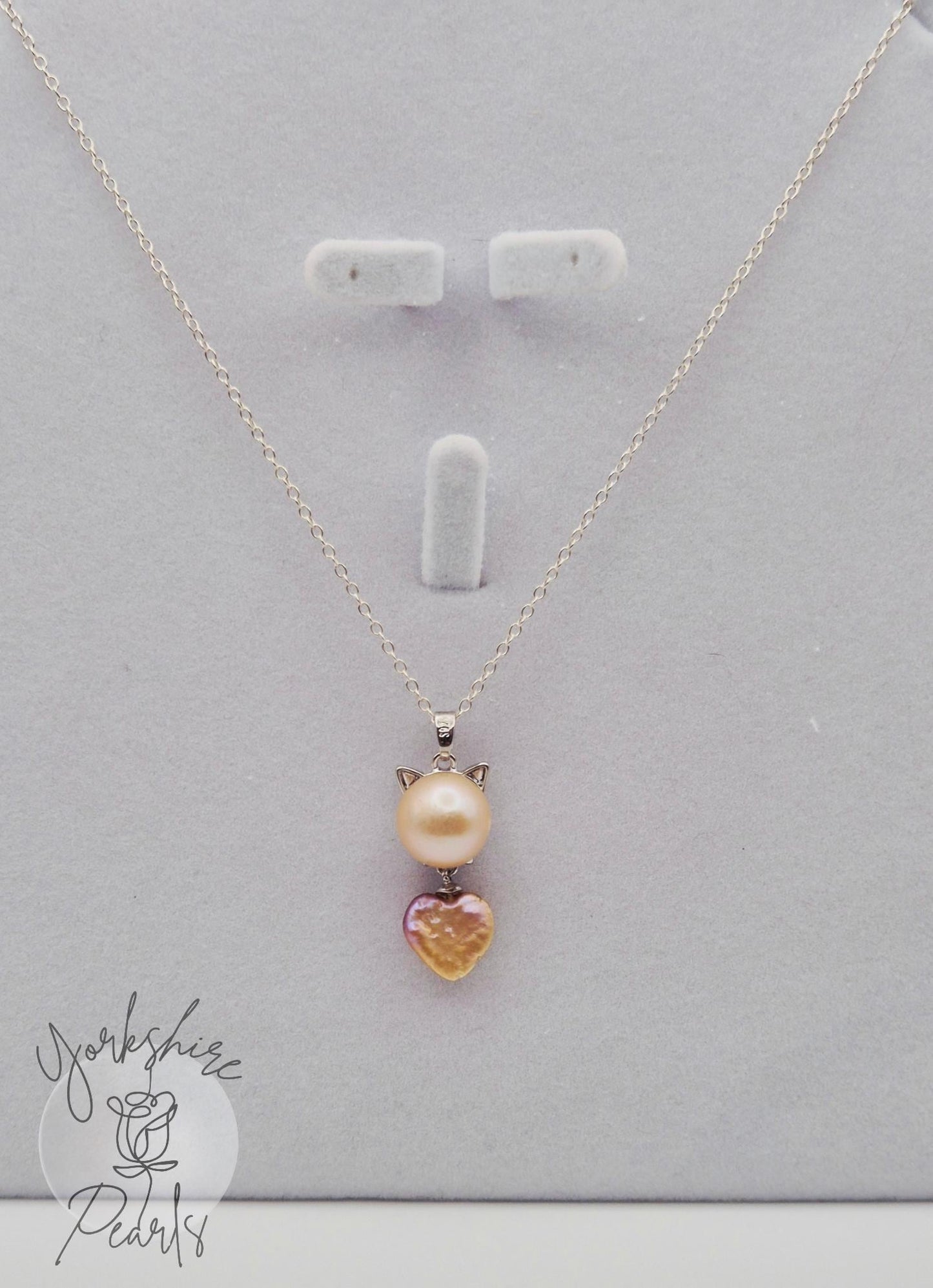 Double Pearl Drop Kitty Pendant With Edison & Heart Shaped Pearls