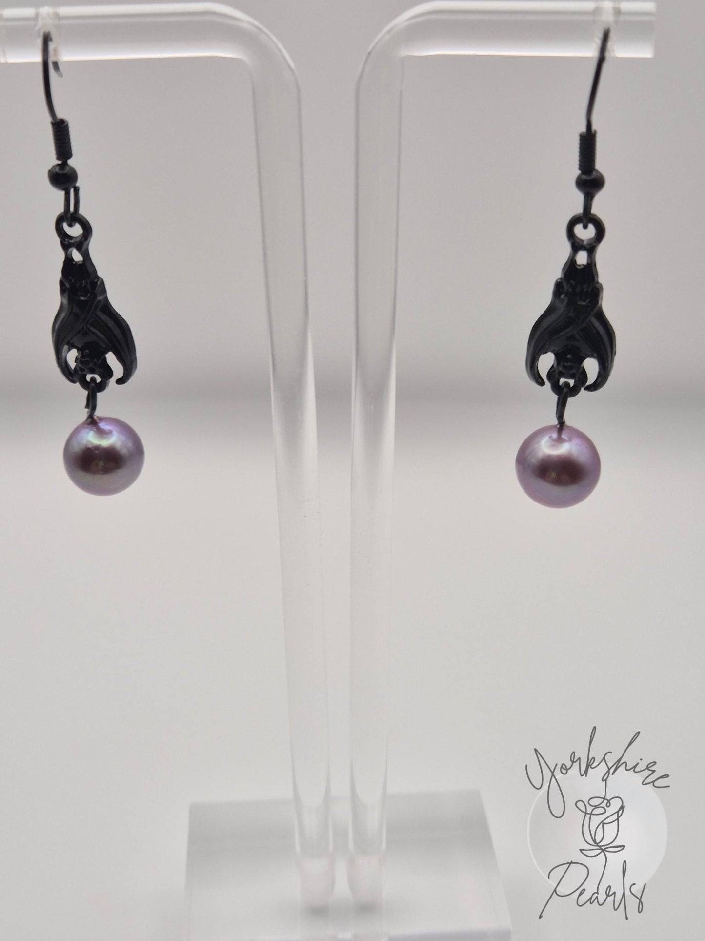 Edison Pearl Hanging Black Bat Earrings