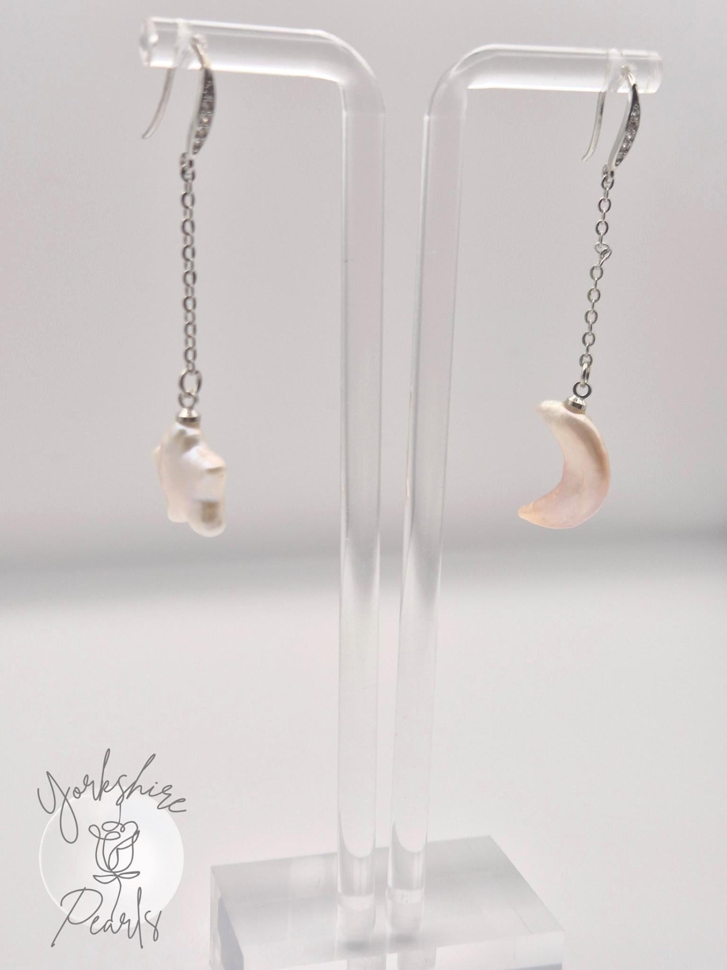 Star & Moon Pearl Drop Earrings - Sterling Silver