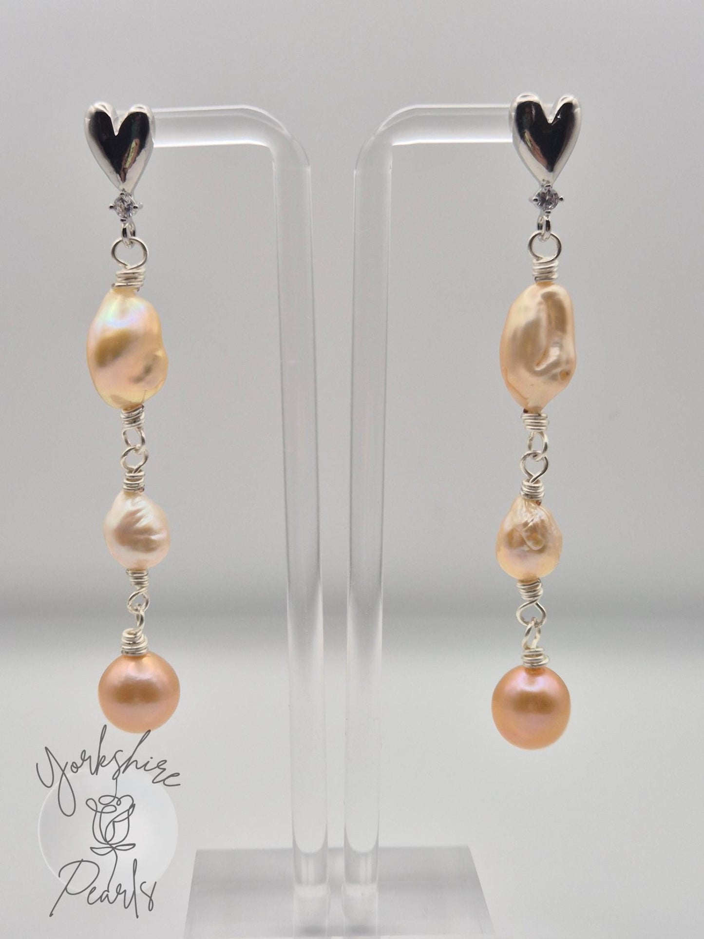 Multiple Pearl Heart Drop Stud Earrings