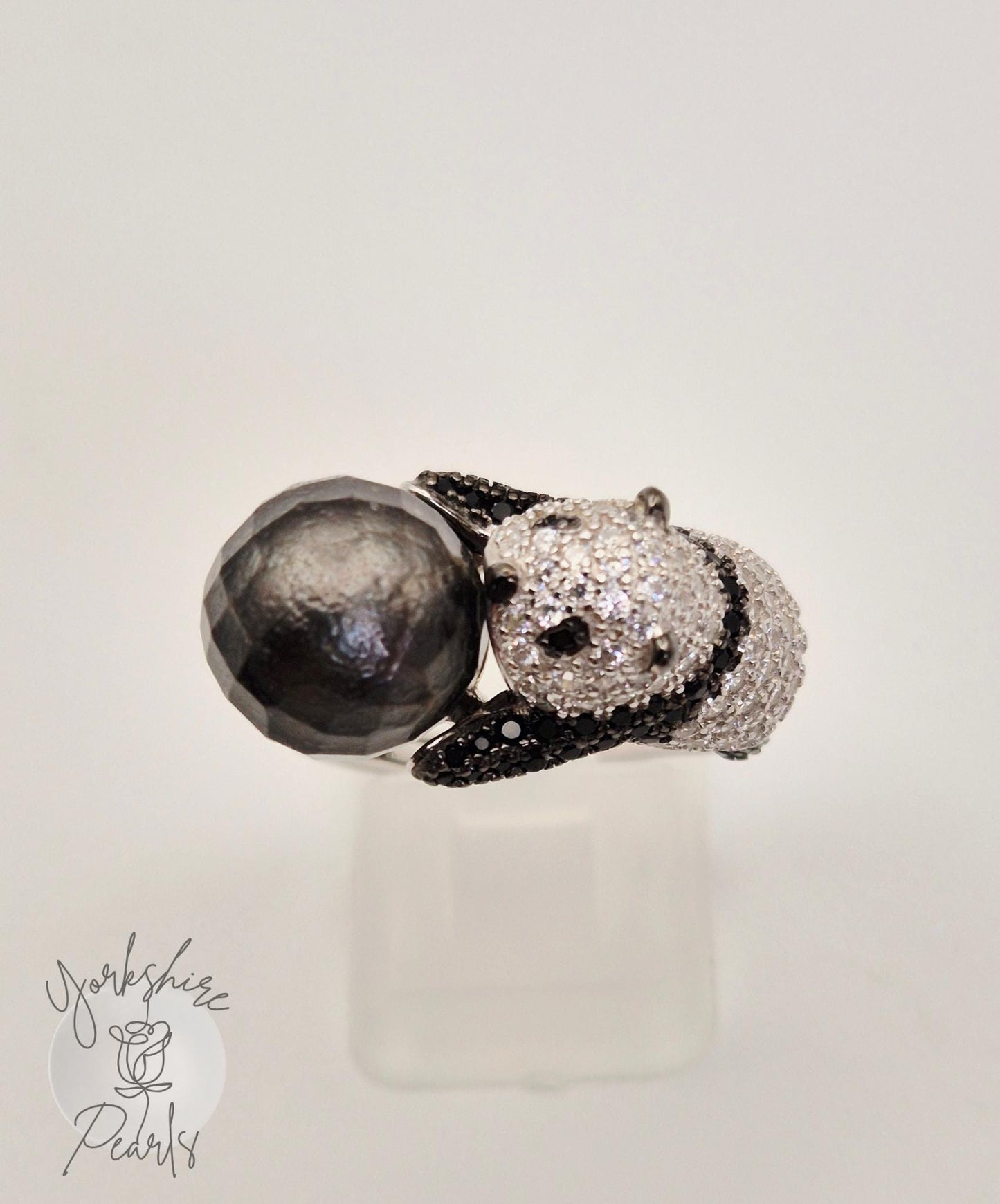 Hugging Panda Black Tahitian Ring - Sterling Silver