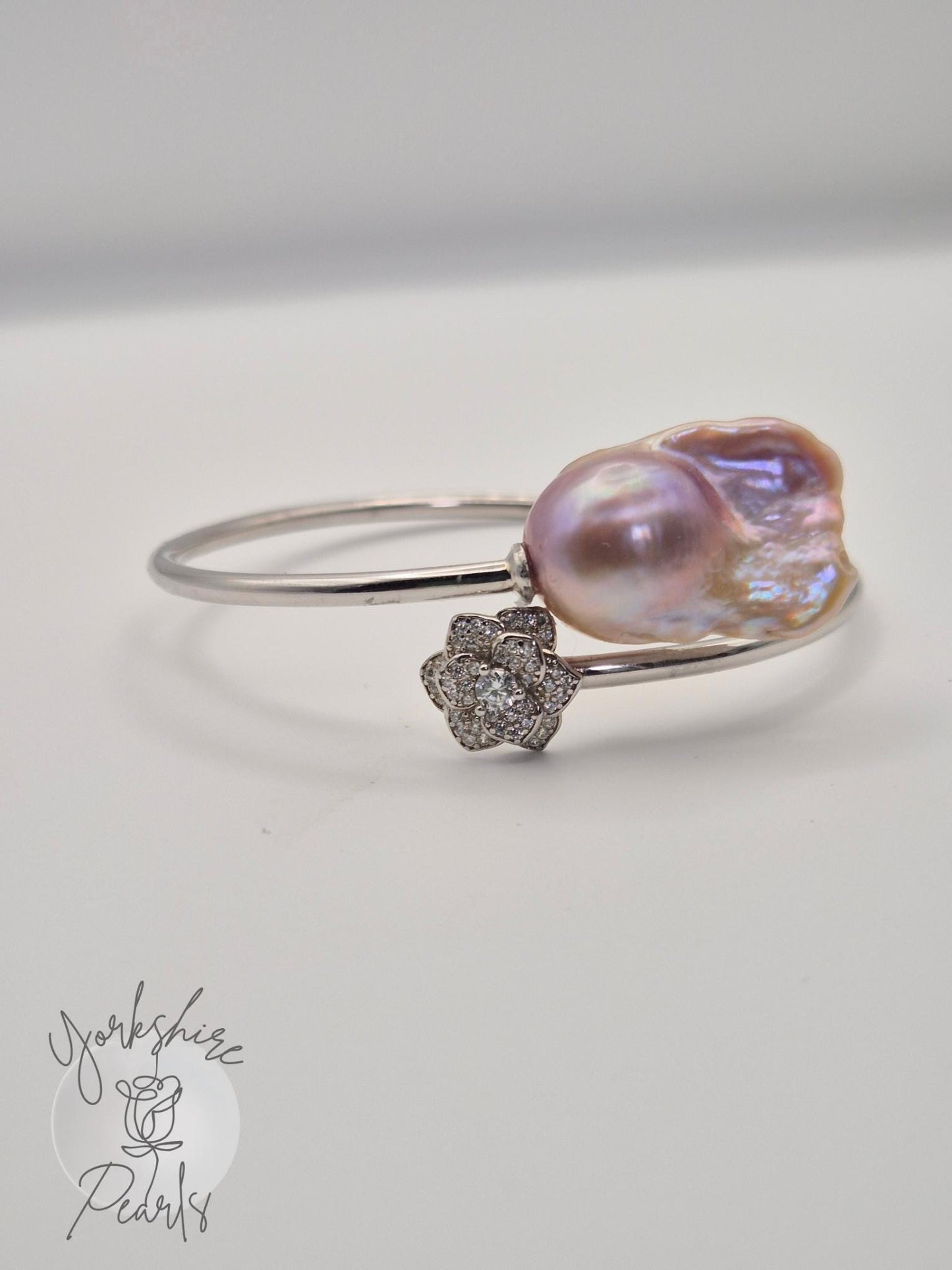 The King Flower Sterling Silver Bangle - Large Baroque Pearl