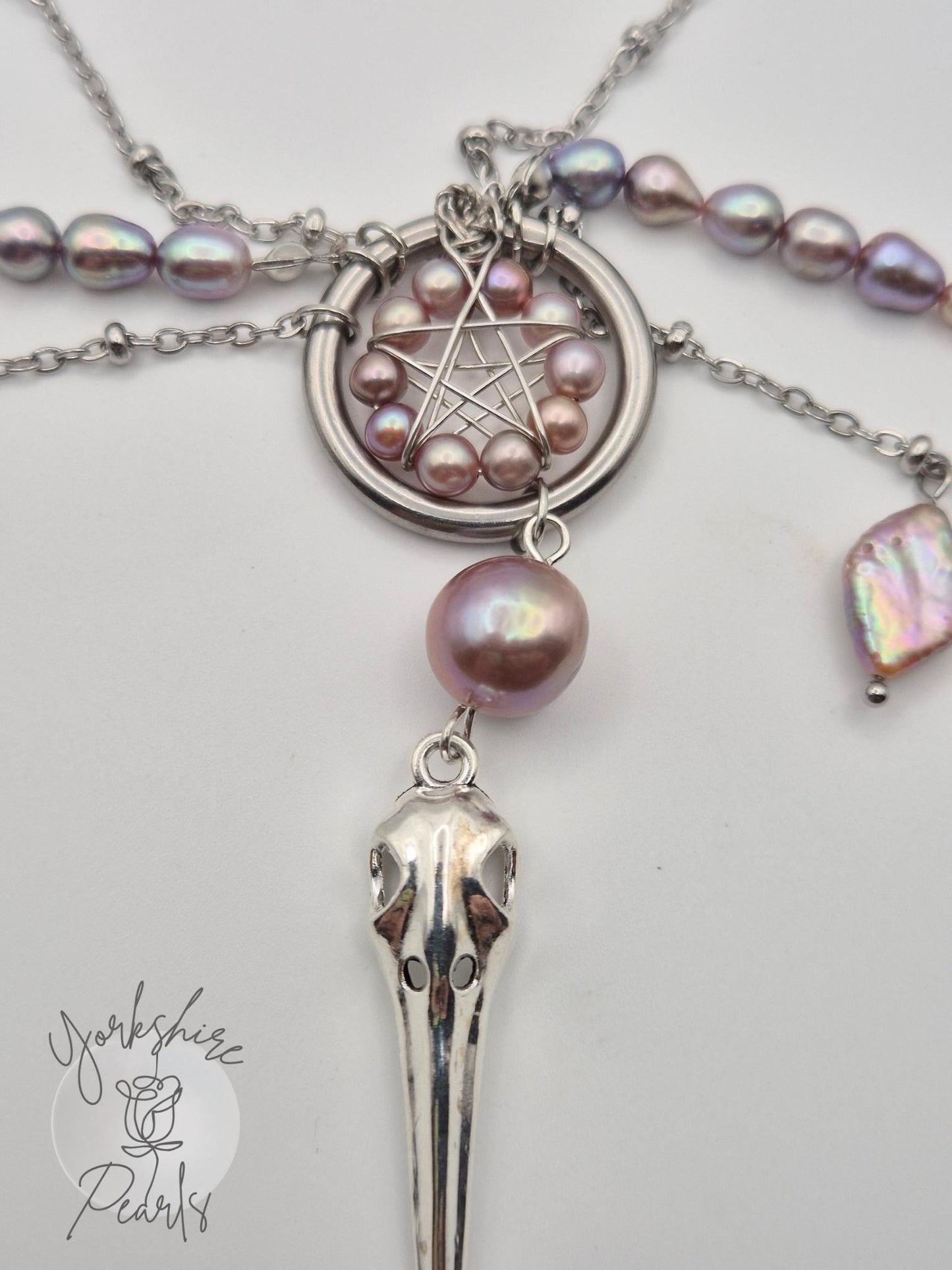 Gothic Multiple Pearl Raven Spike Multi Strand Necklace