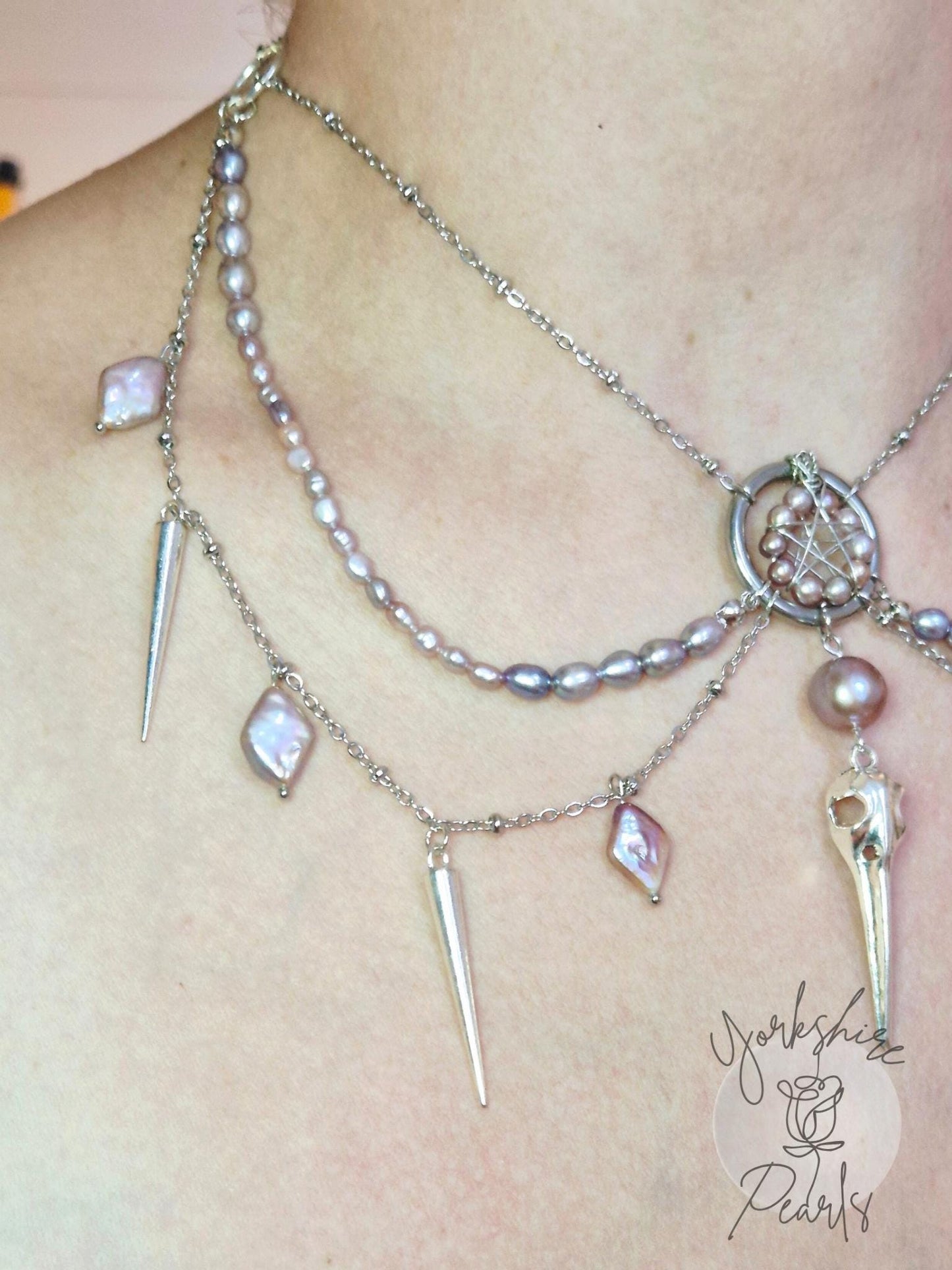 Gothic Multiple Pearl Raven Spike Multi Strand Necklace
