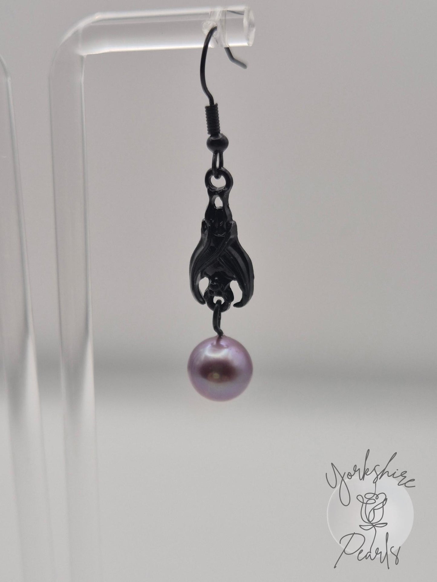 Edison Pearl Hanging Black Bat Earrings