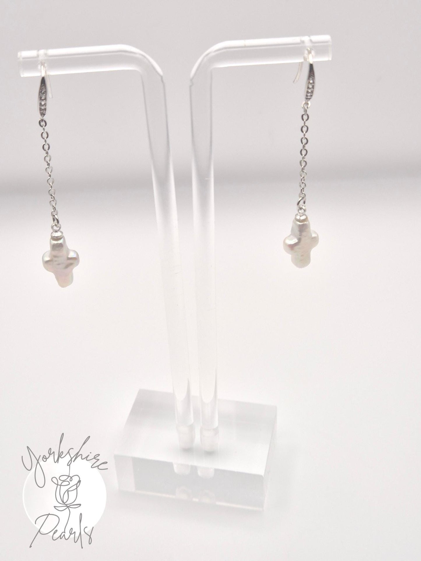 Mini Cross Pearl Drop Sterling Silver Earrings