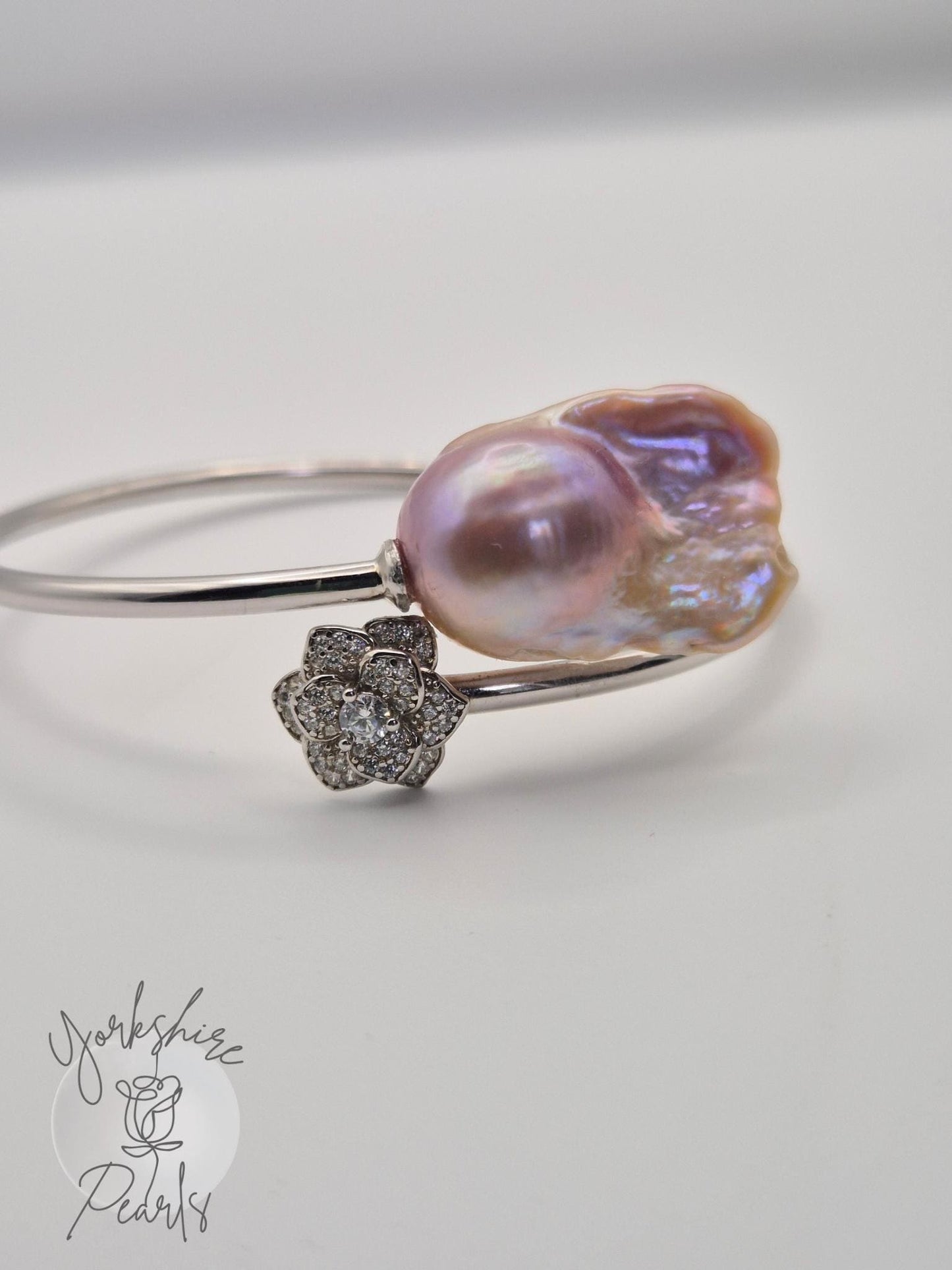 The King Flower Sterling Silver Bangle - Large Baroque Pearl