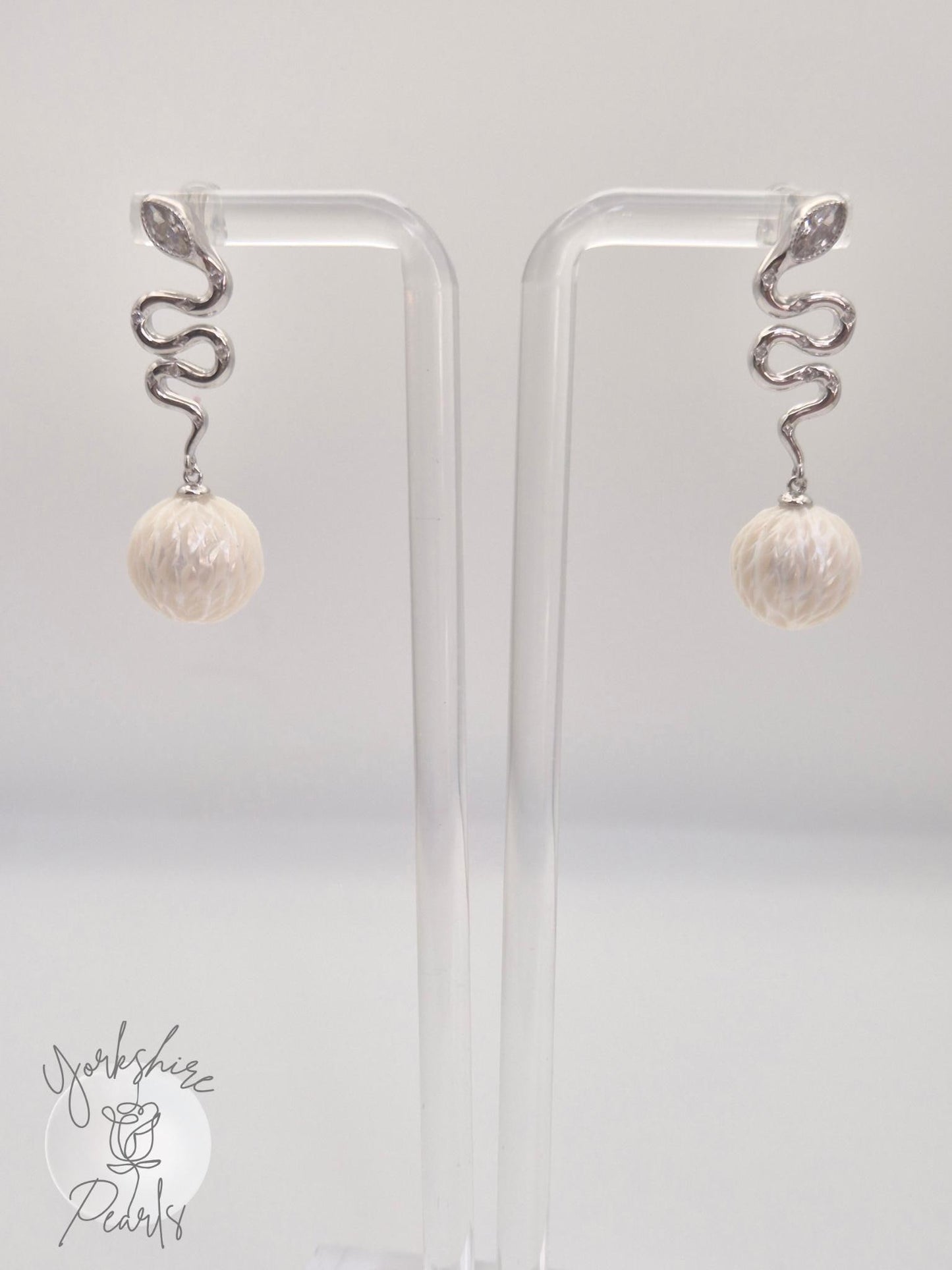 Large Pearl Snake Drop Earrings - Sterling Silver
