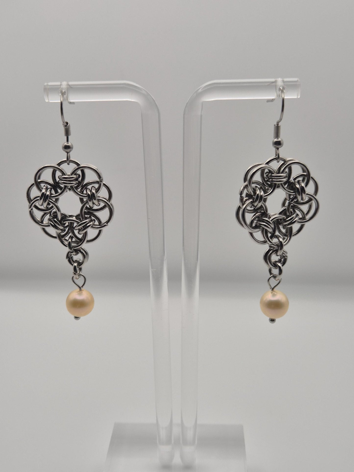 Chainmaille Rosette Pearl Earrings