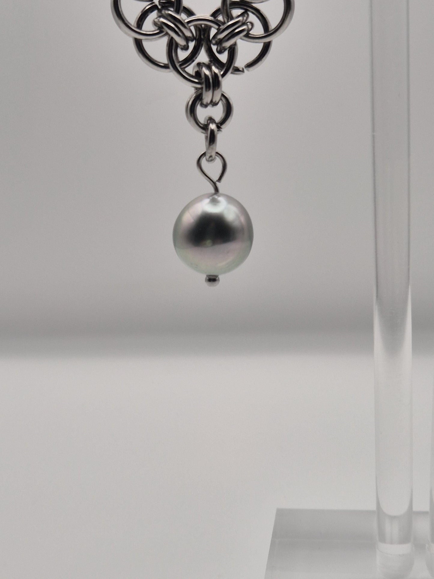 Chainmaille Knot Earrings With Rare Silver Metallic Black Tahitian Pearls