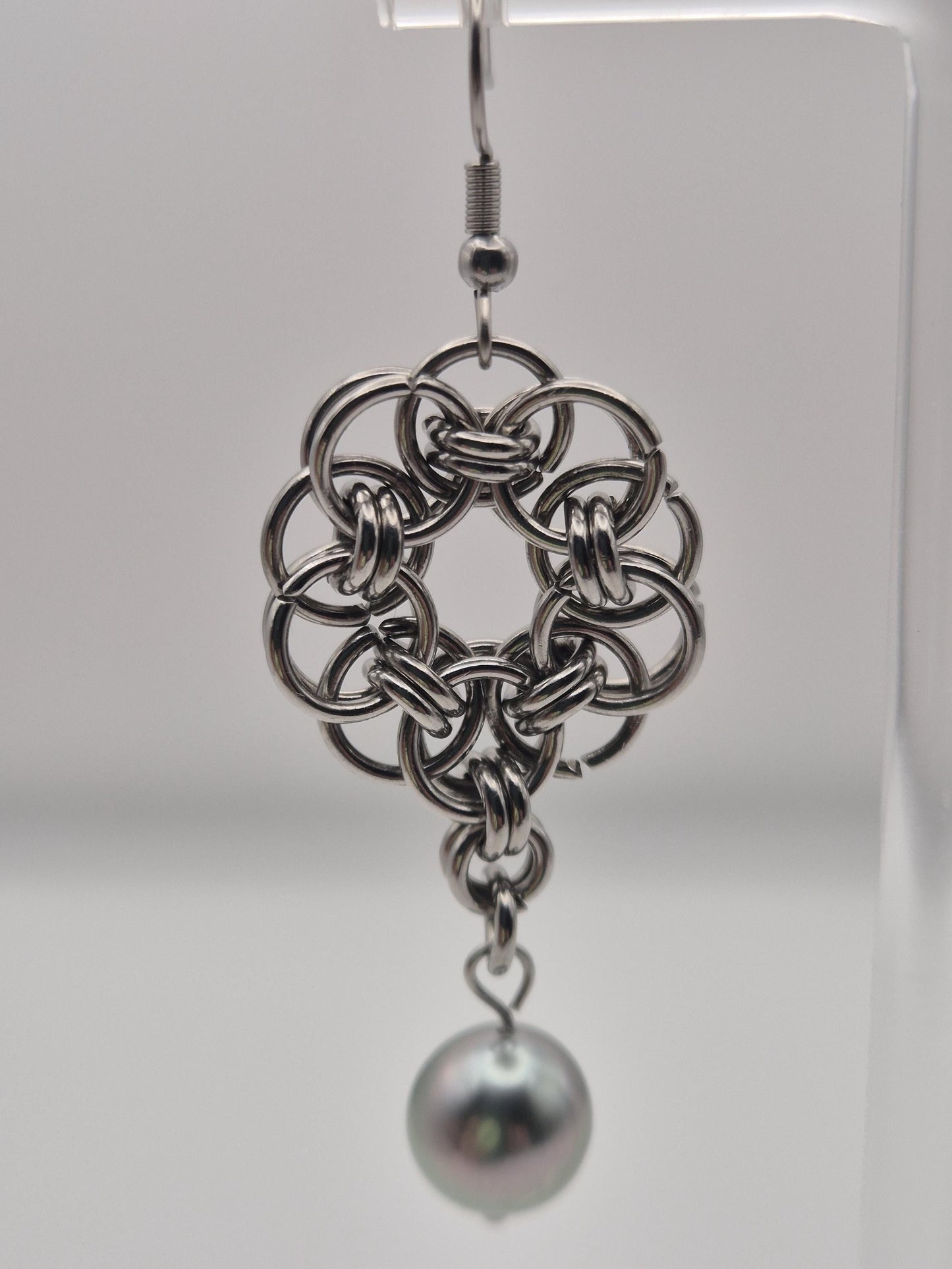 Chainmaille Knot Earrings With Rare Silver Metallic Black Tahitian Pearls