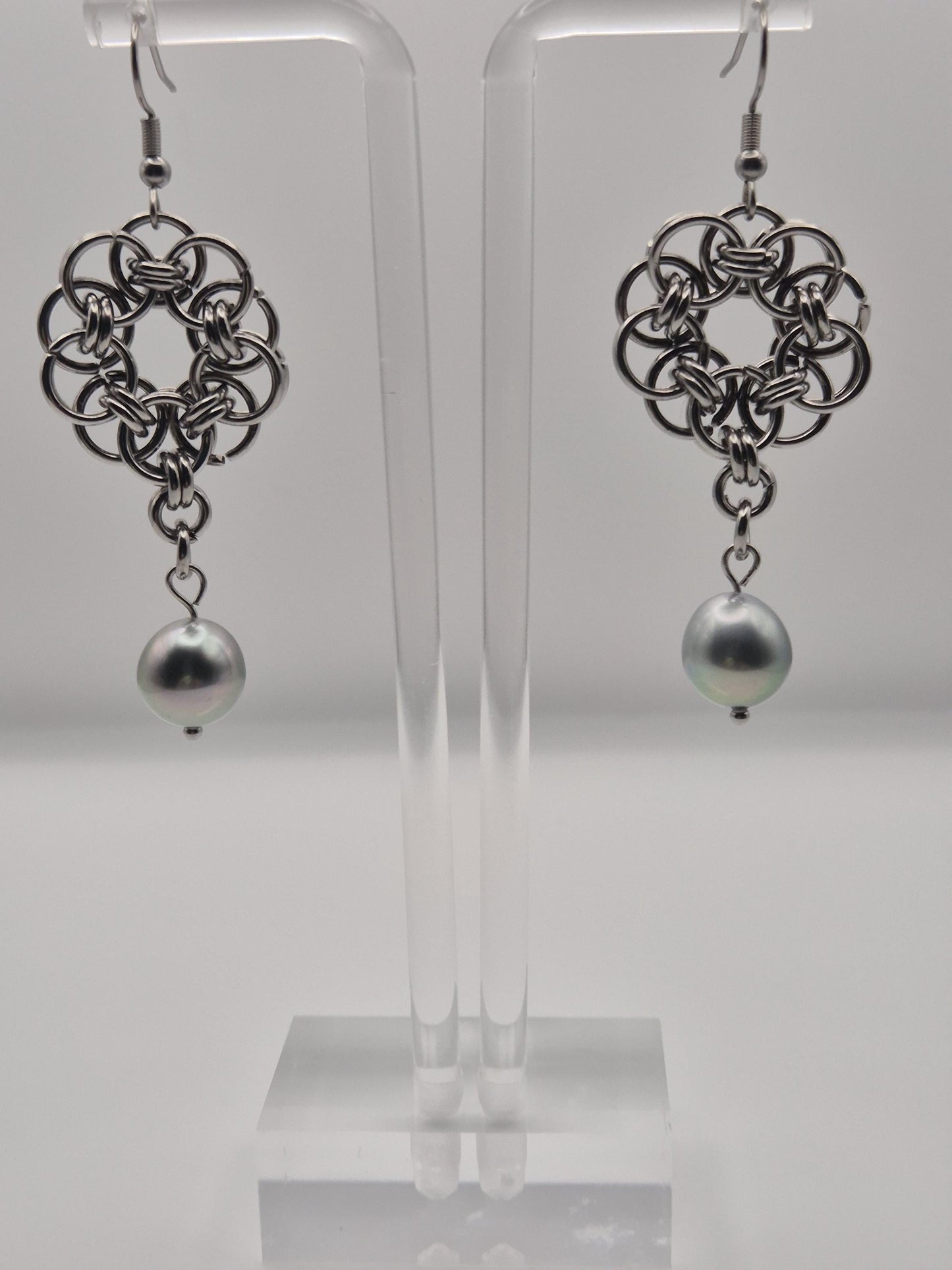 Chainmaille Knot Earrings With Rare Silver Metallic Black Tahitian Pearls