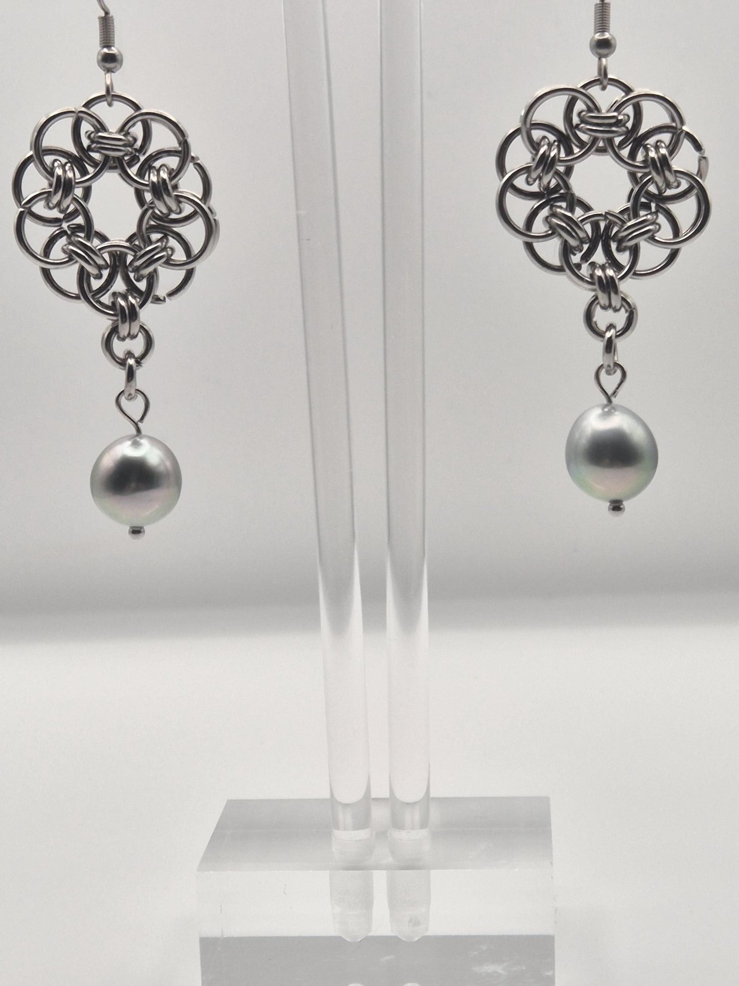 Chainmaille Knot Earrings With Rare Silver Metallic Black Tahitian Pearls