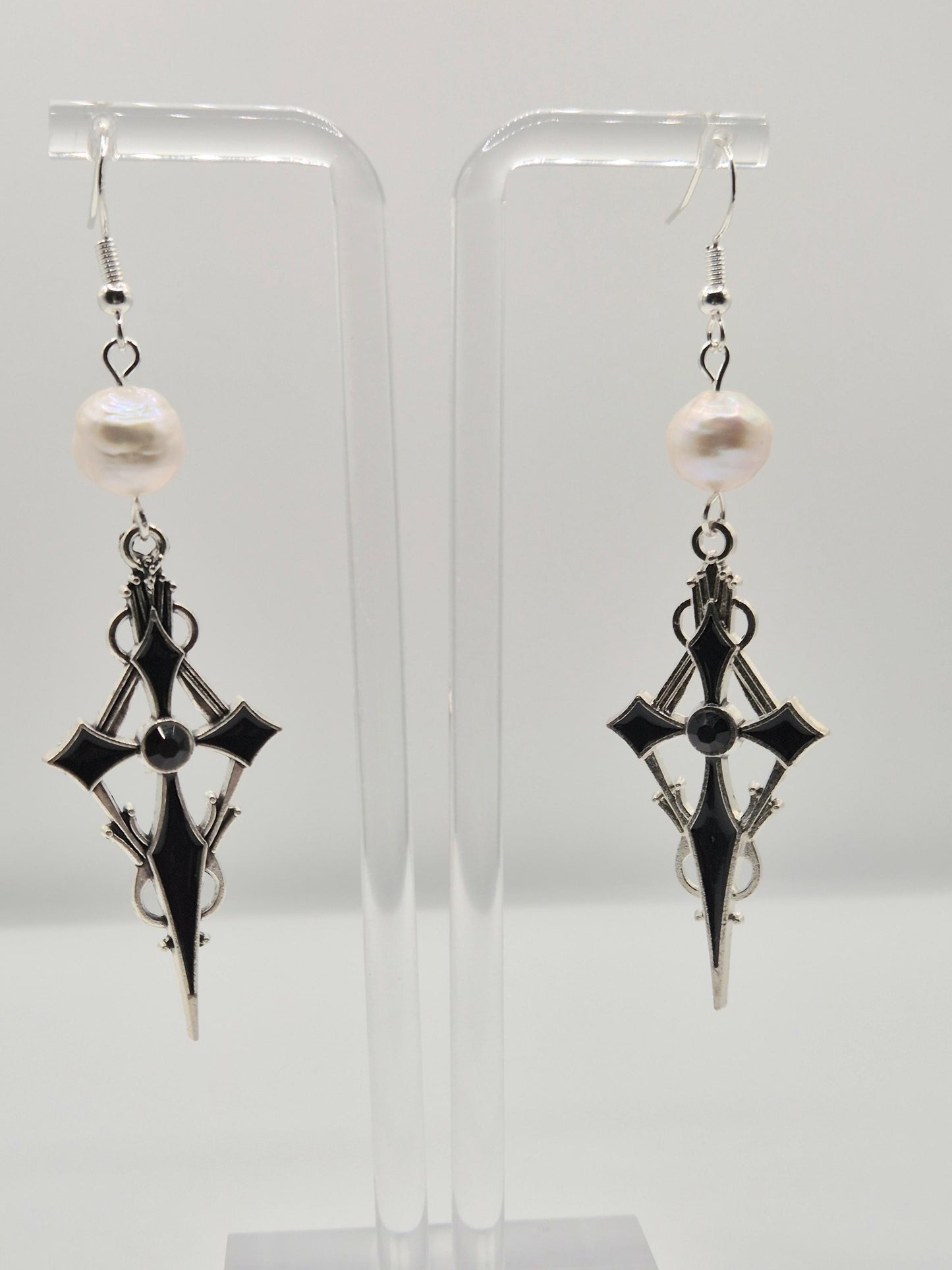 Gothic Cross Pearl Drop Earrings