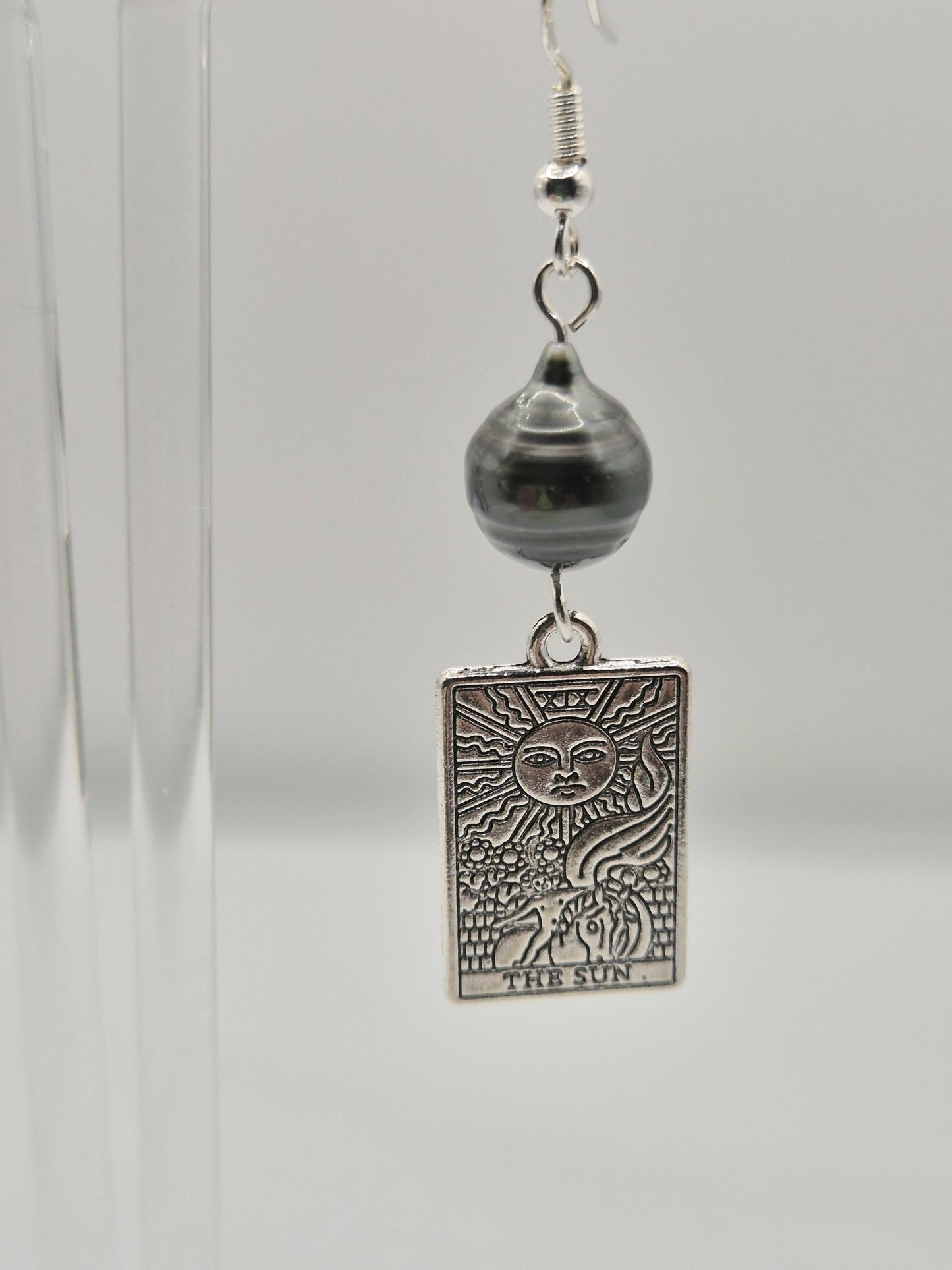 The Sun Tarot Card Earrings with Black Tahitian Pearls