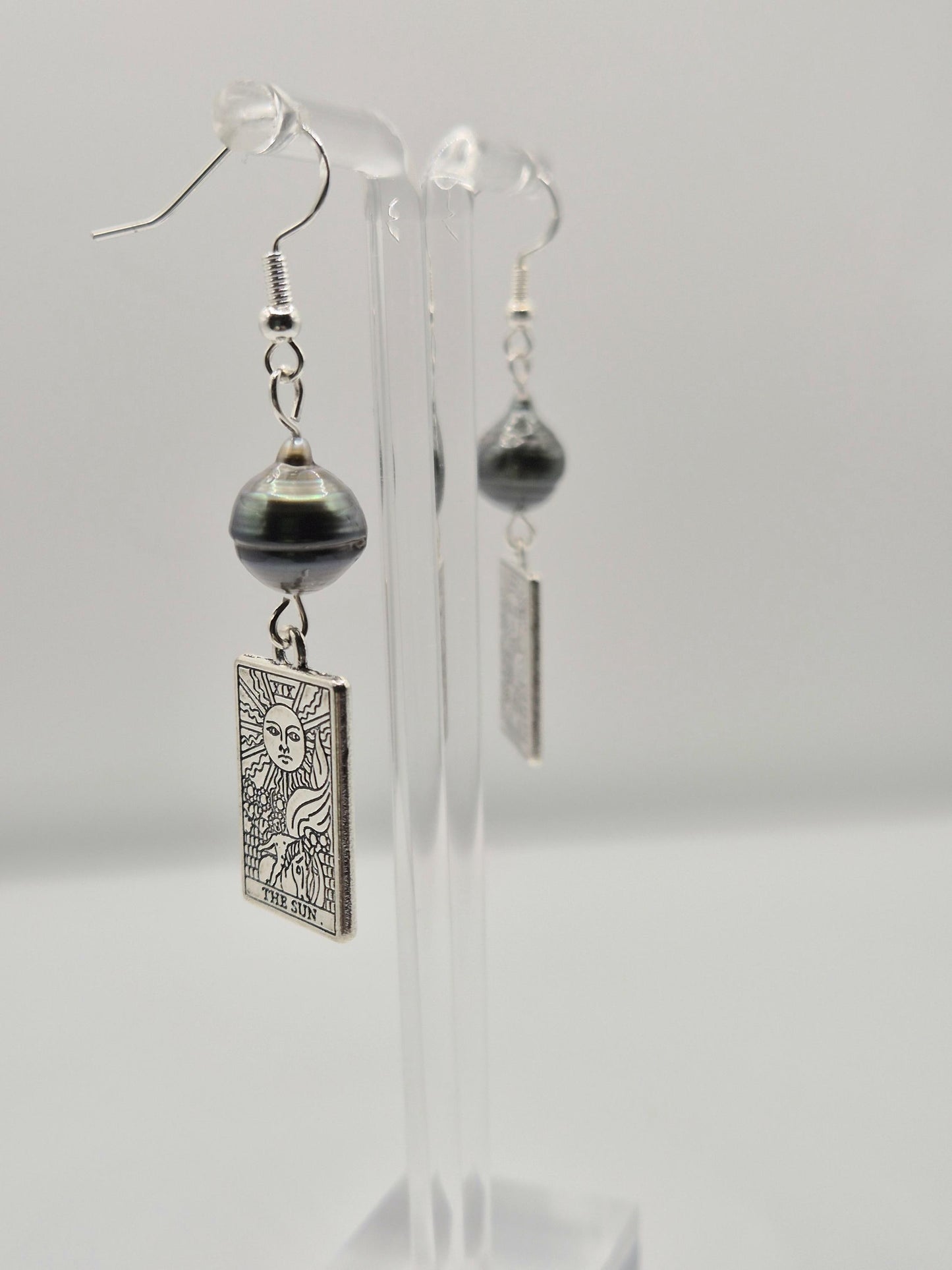 The Sun Tarot Card Earrings with Black Tahitian Pearls
