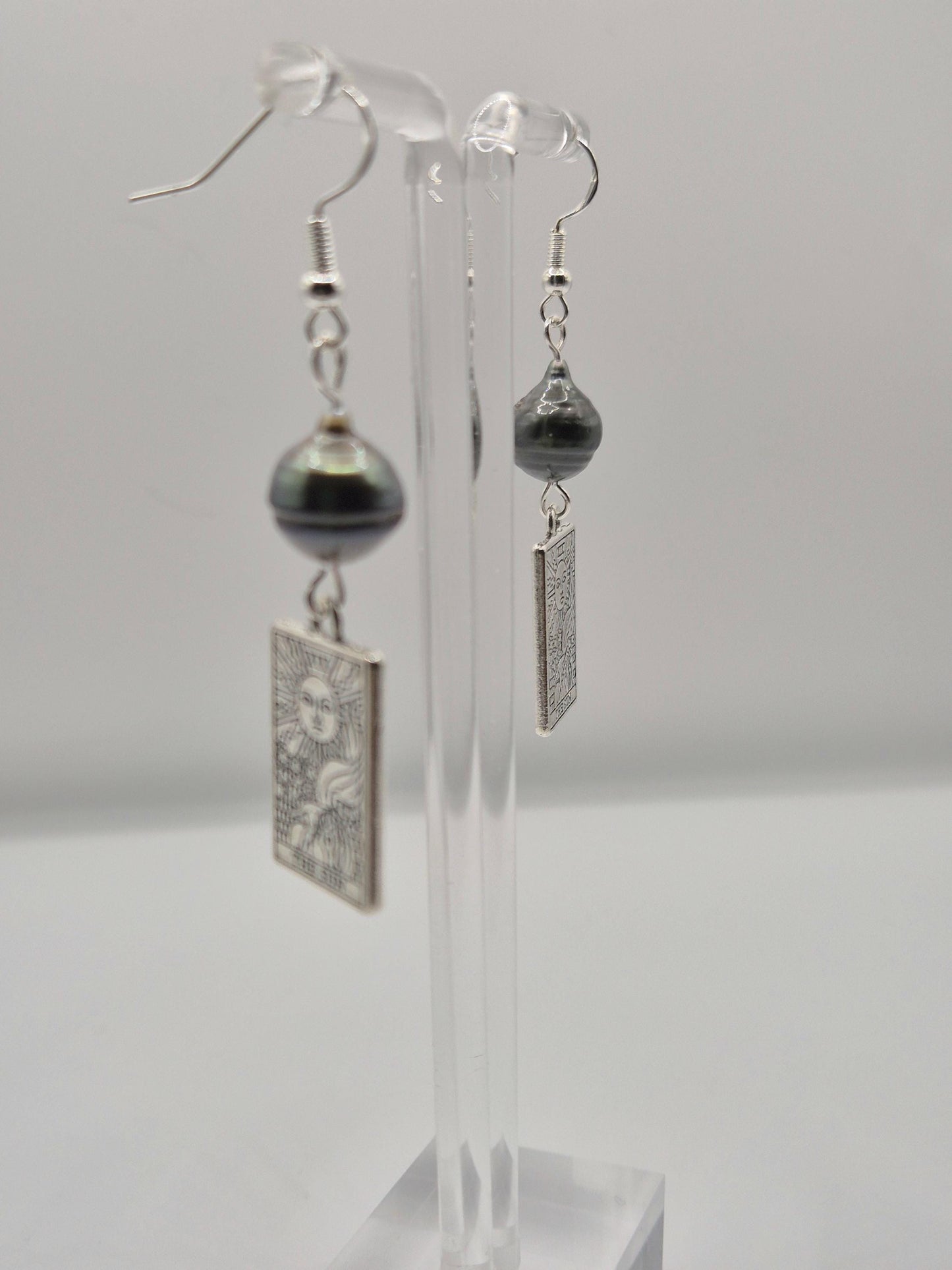 The Sun Tarot Card Earrings with Black Tahitian Pearls