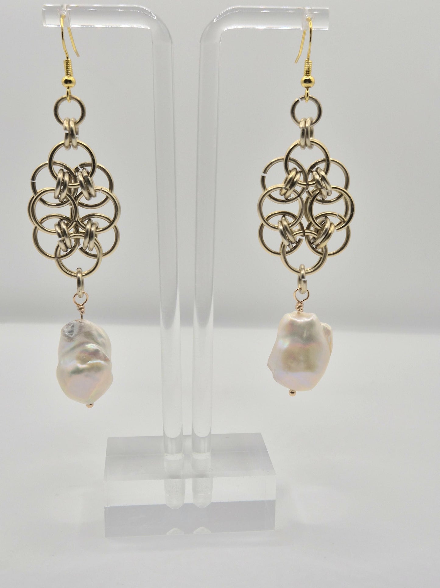Baroque Pearl Golden Chainmaille Earrings
