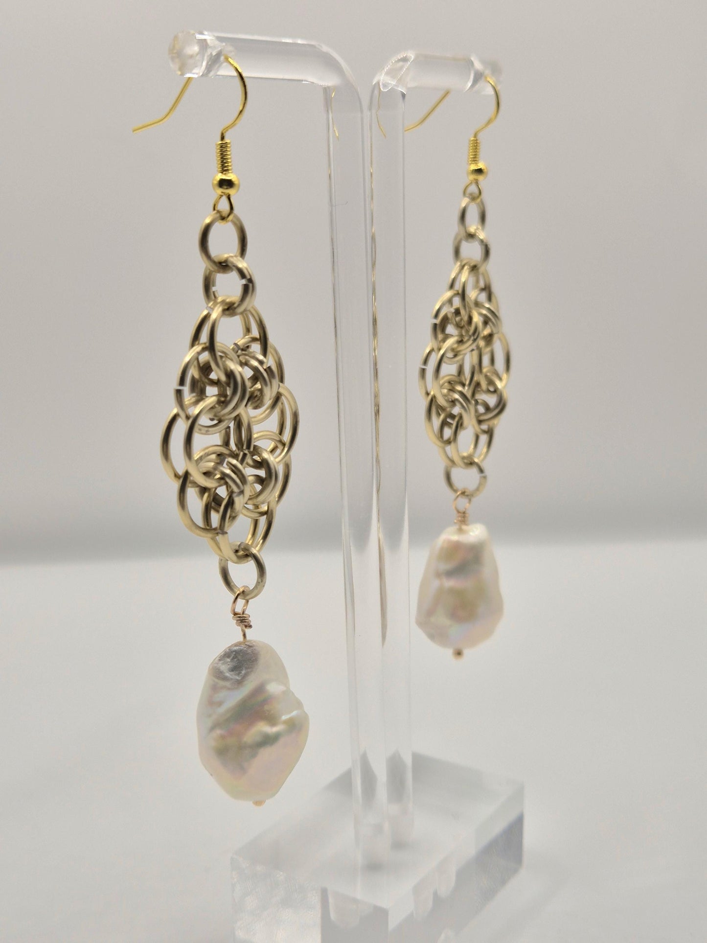 Baroque Pearl Golden Chainmaille Earrings