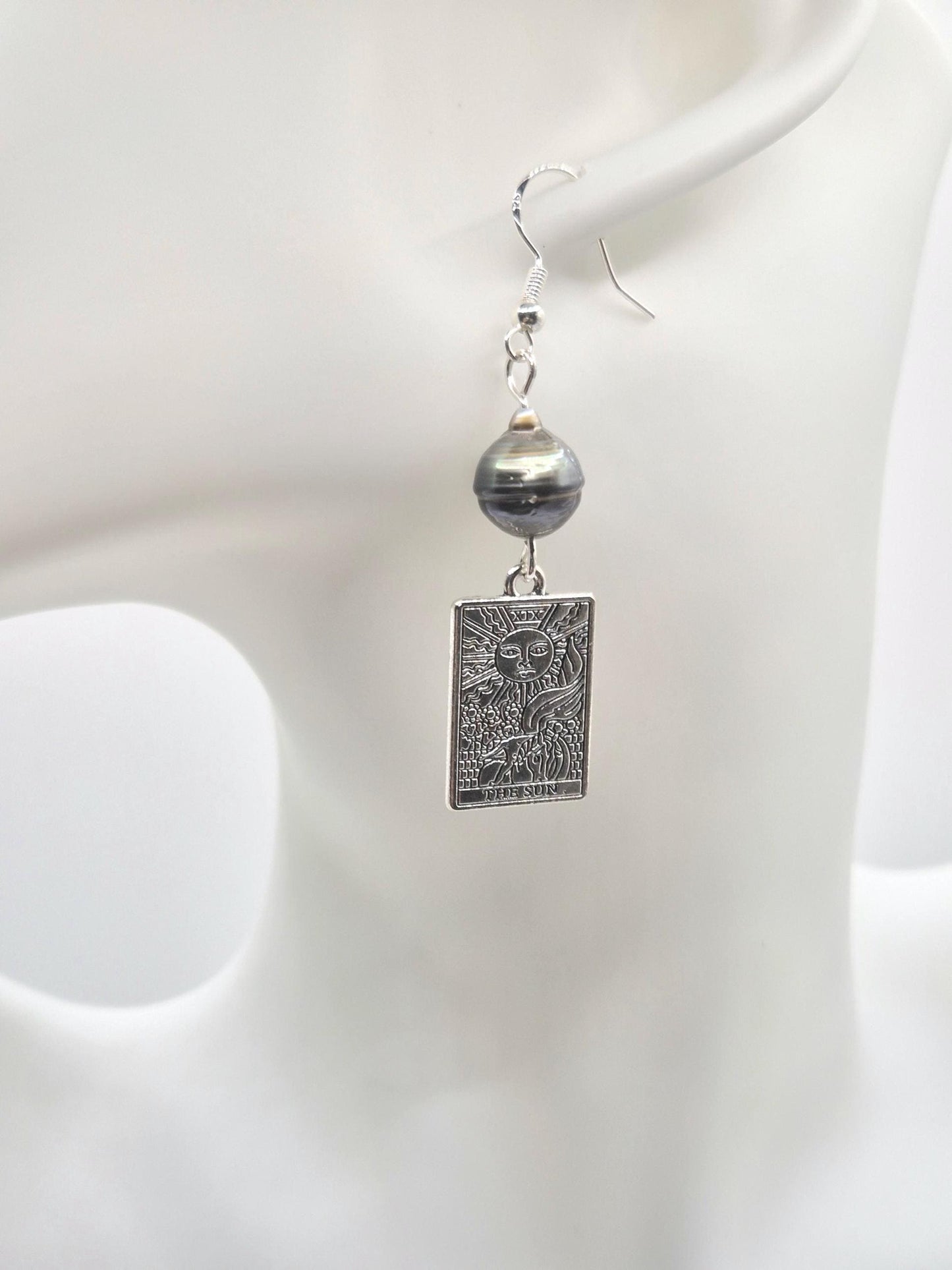 The Sun Tarot Card Earrings with Black Tahitian Pearls