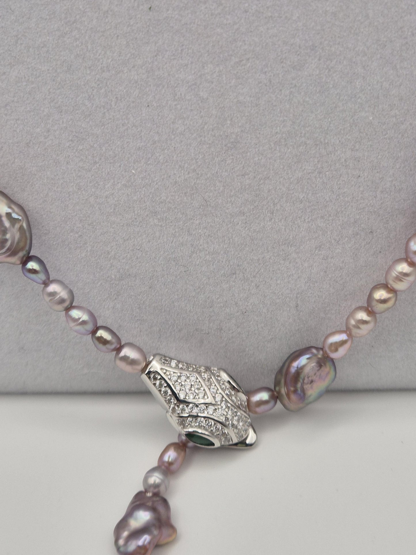 Adjustable Silver Snake Full String Pearl Necklace - Front Fastening
