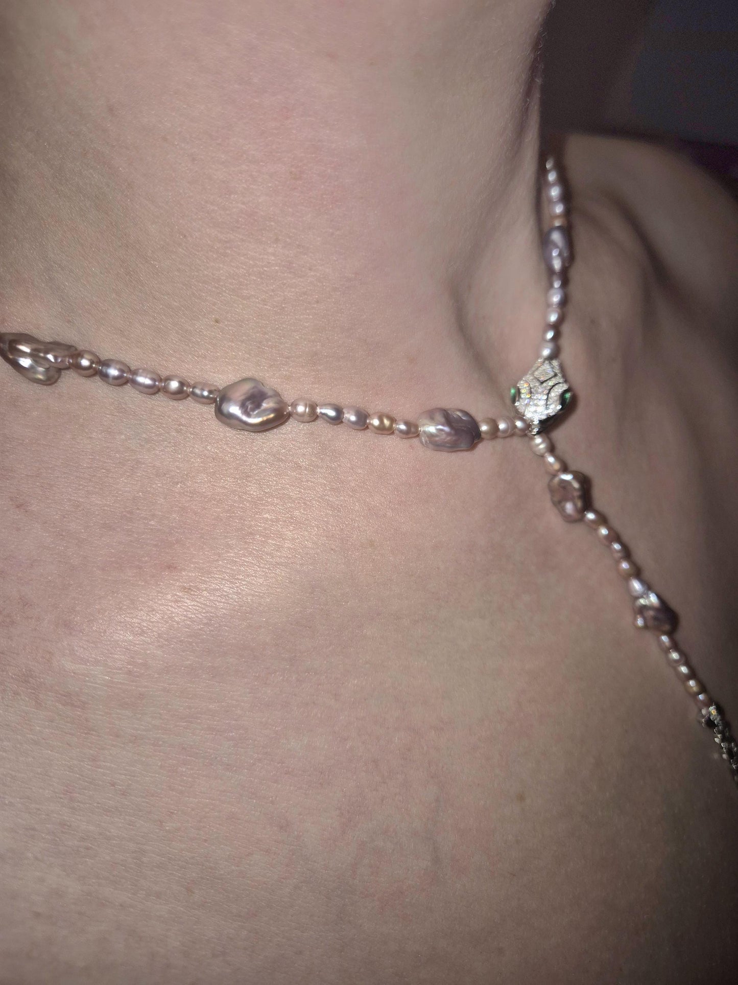 Adjustable Silver Snake Full String Pearl Necklace - Front Fastening