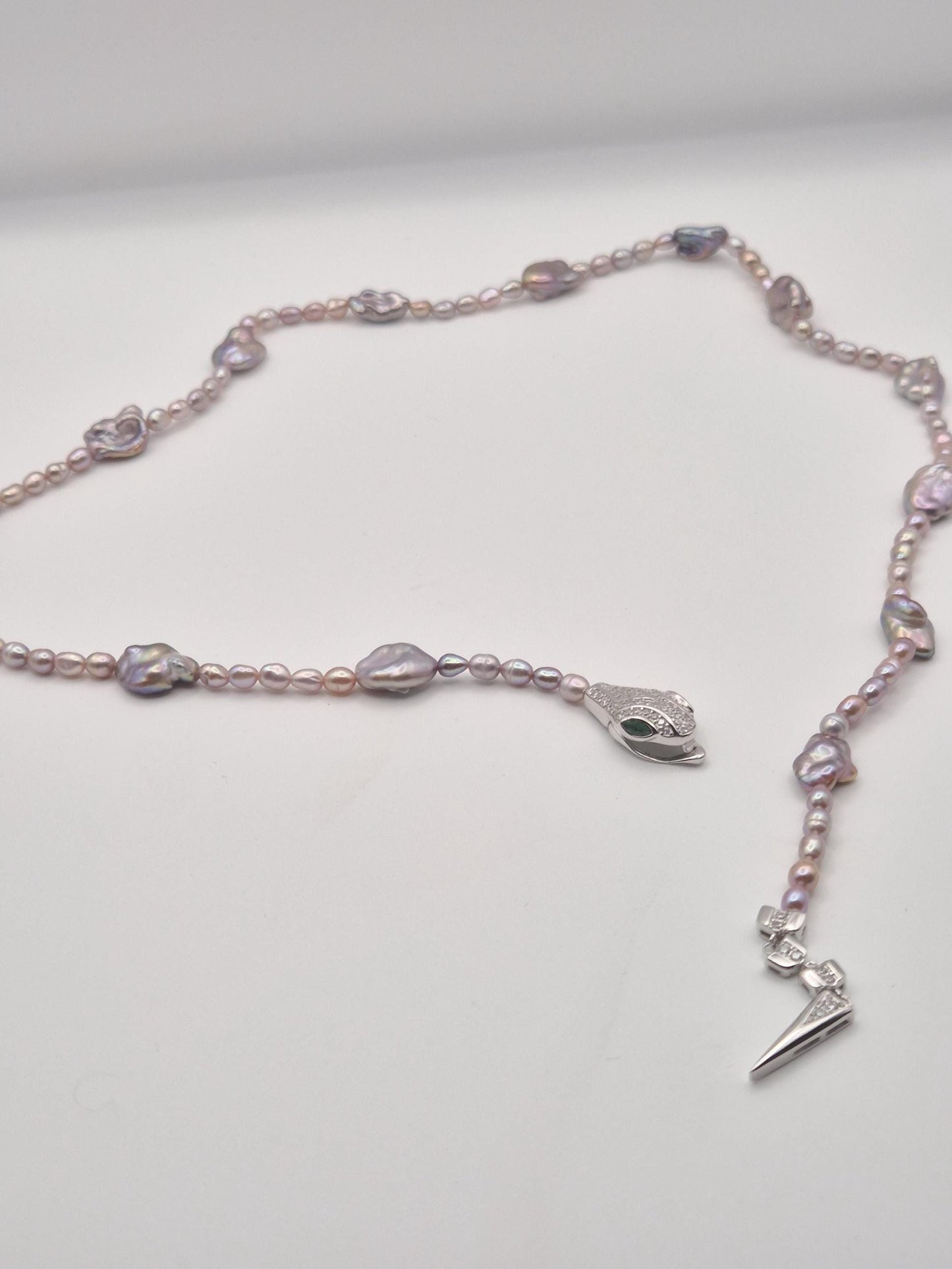 Adjustable Silver Snake Full String Pearl Necklace - Front Fastening